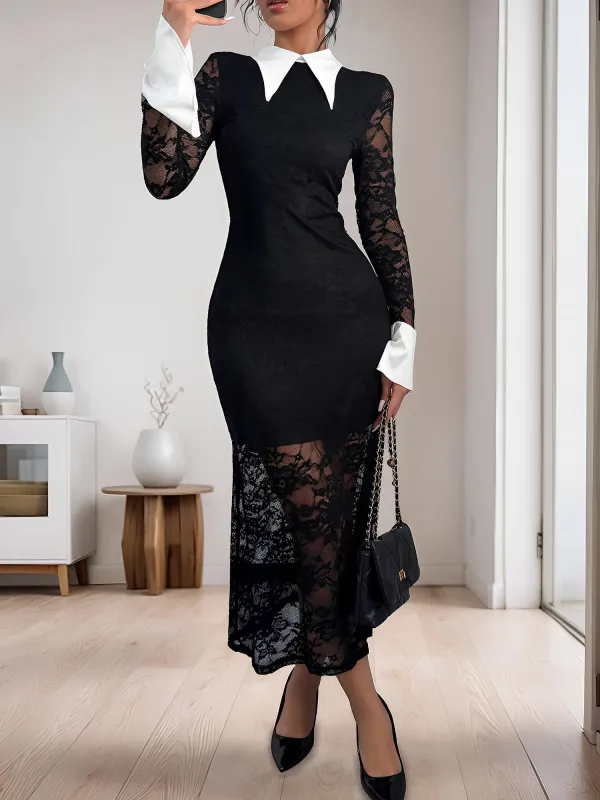 Lace Colorblock Long Sleeves Bodycon Maxi Dress sold by Allegra K