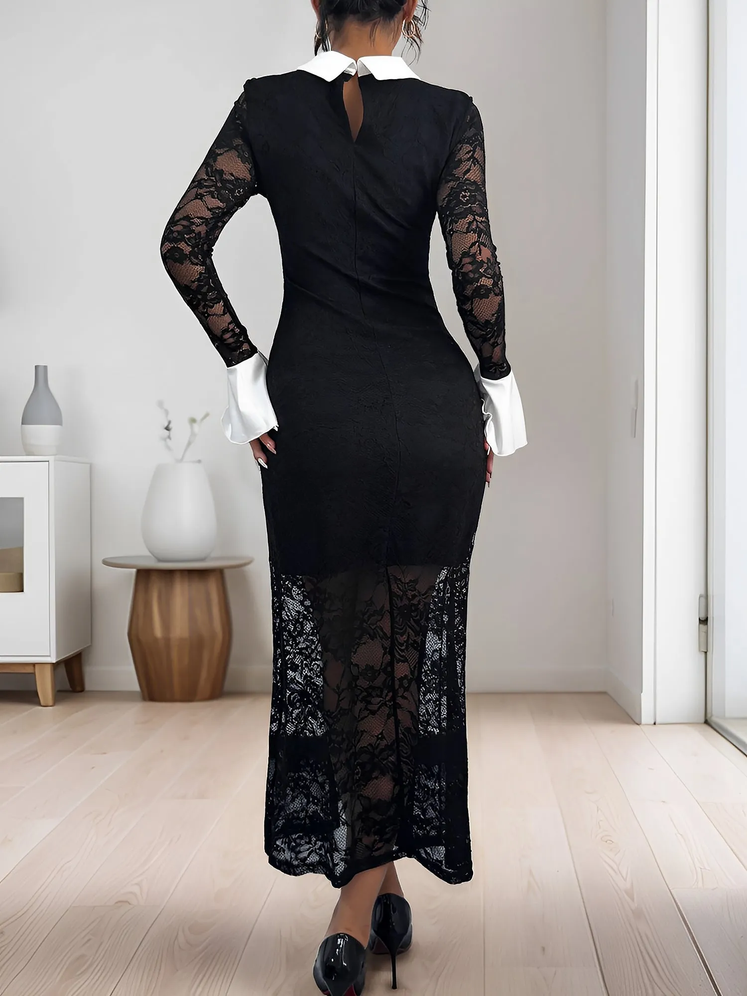 Lace Colorblock Long Sleeves Bodycon Maxi Dress sold by Allegra K product image thumbnail 4