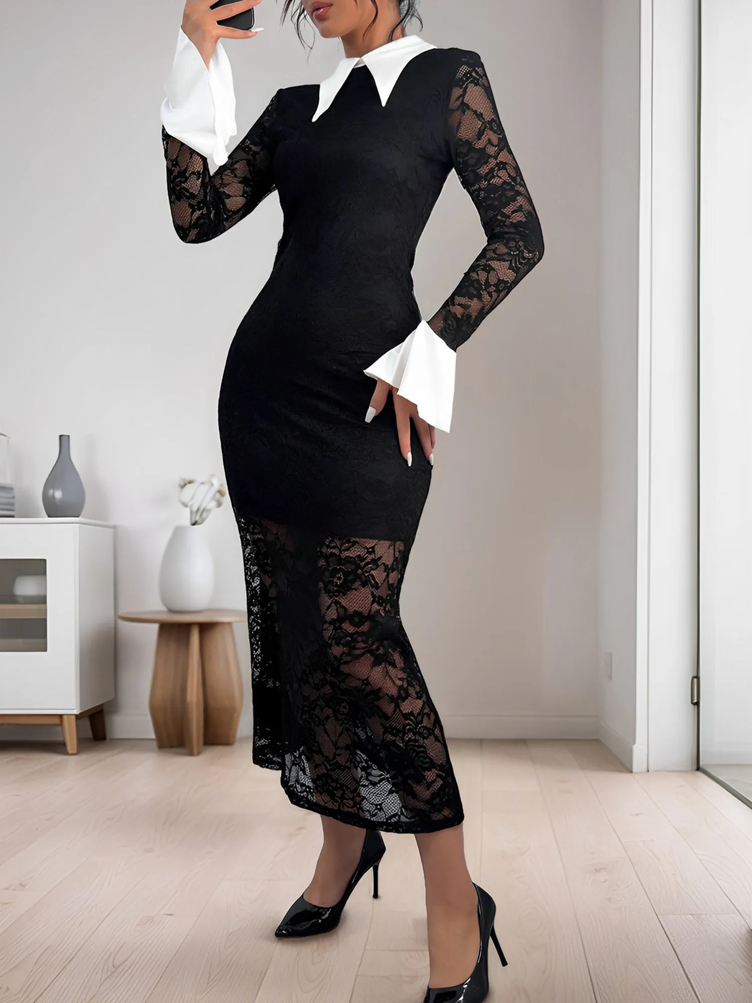 Lace Colorblock Long Sleeves Bodycon Maxi Dress sold by Allegra K product image thumbnail 3