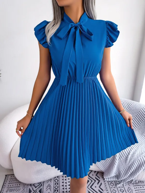 Wrinkle-Resistant Chiffon Bow Tie Neck Ruffled Sleeves Pleated Midi Dress sold by Allegra K