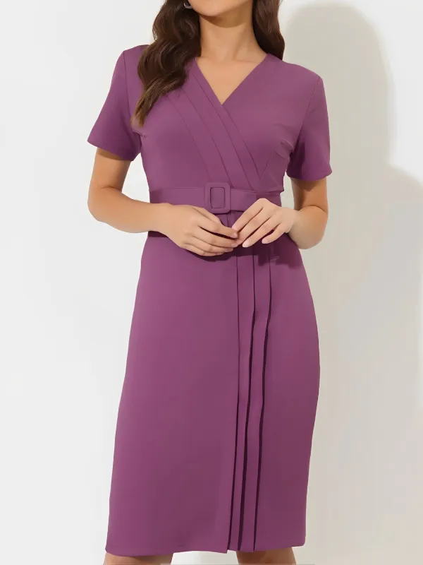 Elegant Short Sleeves V Neck Belted Pleated Sheath Office Dress sold by Allegra K