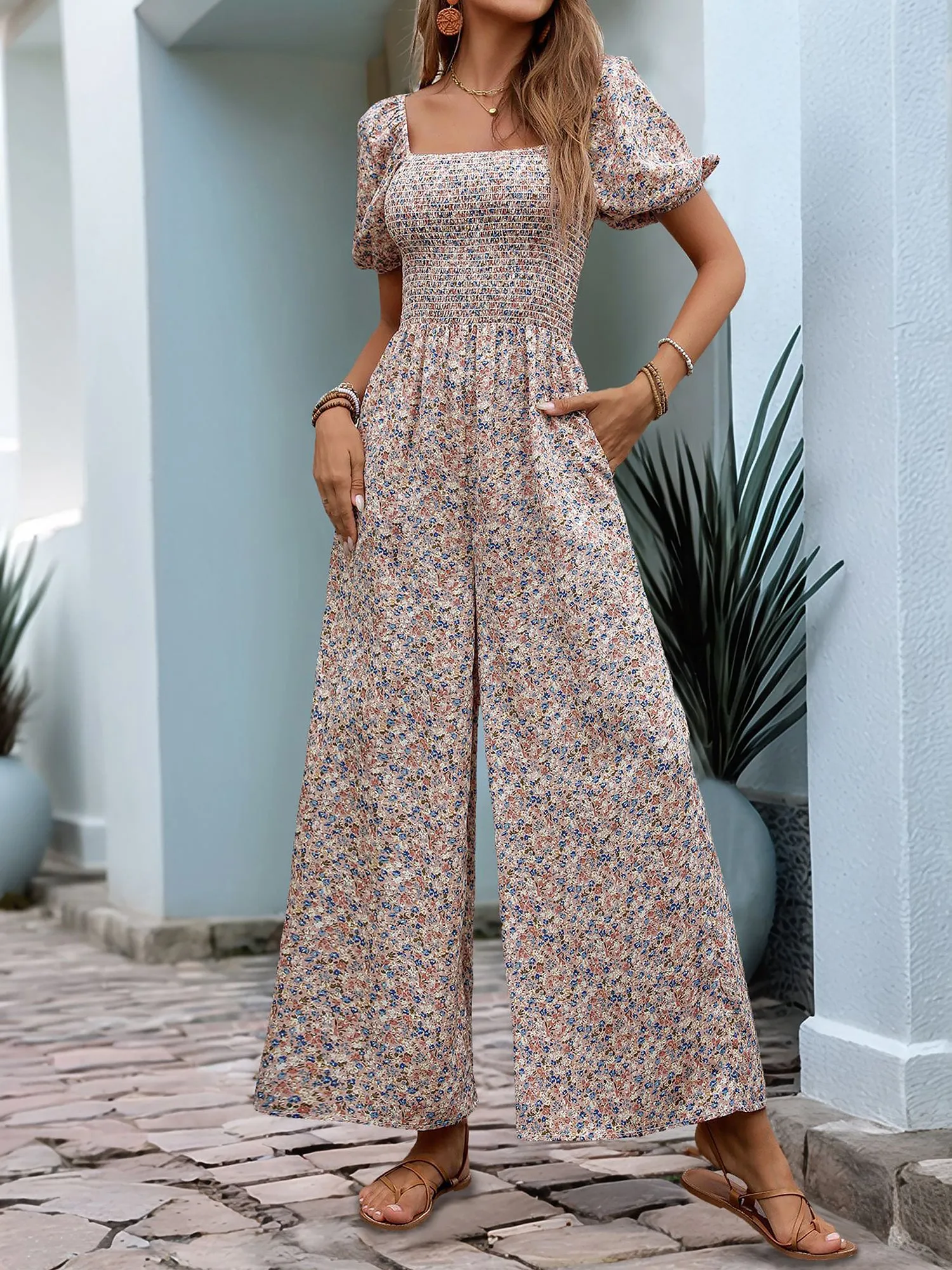 Boho-Chic Square Neck Puff Sleeve Floral Wide Leg Beach Jumpsuits sold by Allegra K product image thumbnail 5
