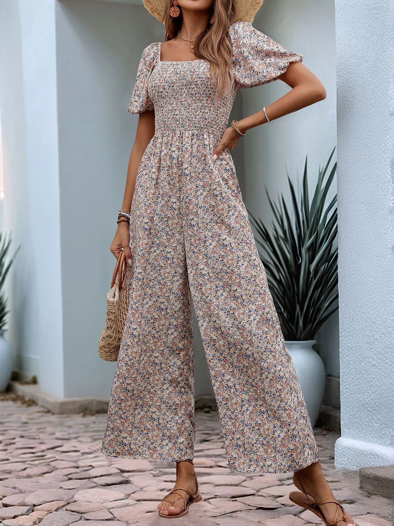 Boho-Chic Square Neck Puff Sleeve Floral Wide Leg Beach Jumpsuits sold by Allegra K