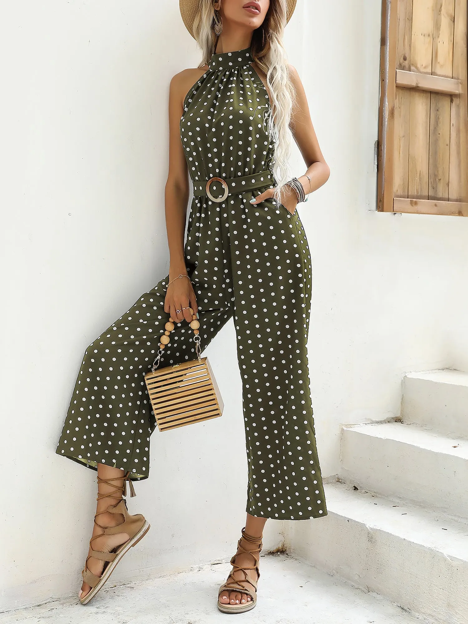 Polka Dot Halter Neck Belted Wide Leg Jumpsuits sold by Allegra K product image thumbnail 5