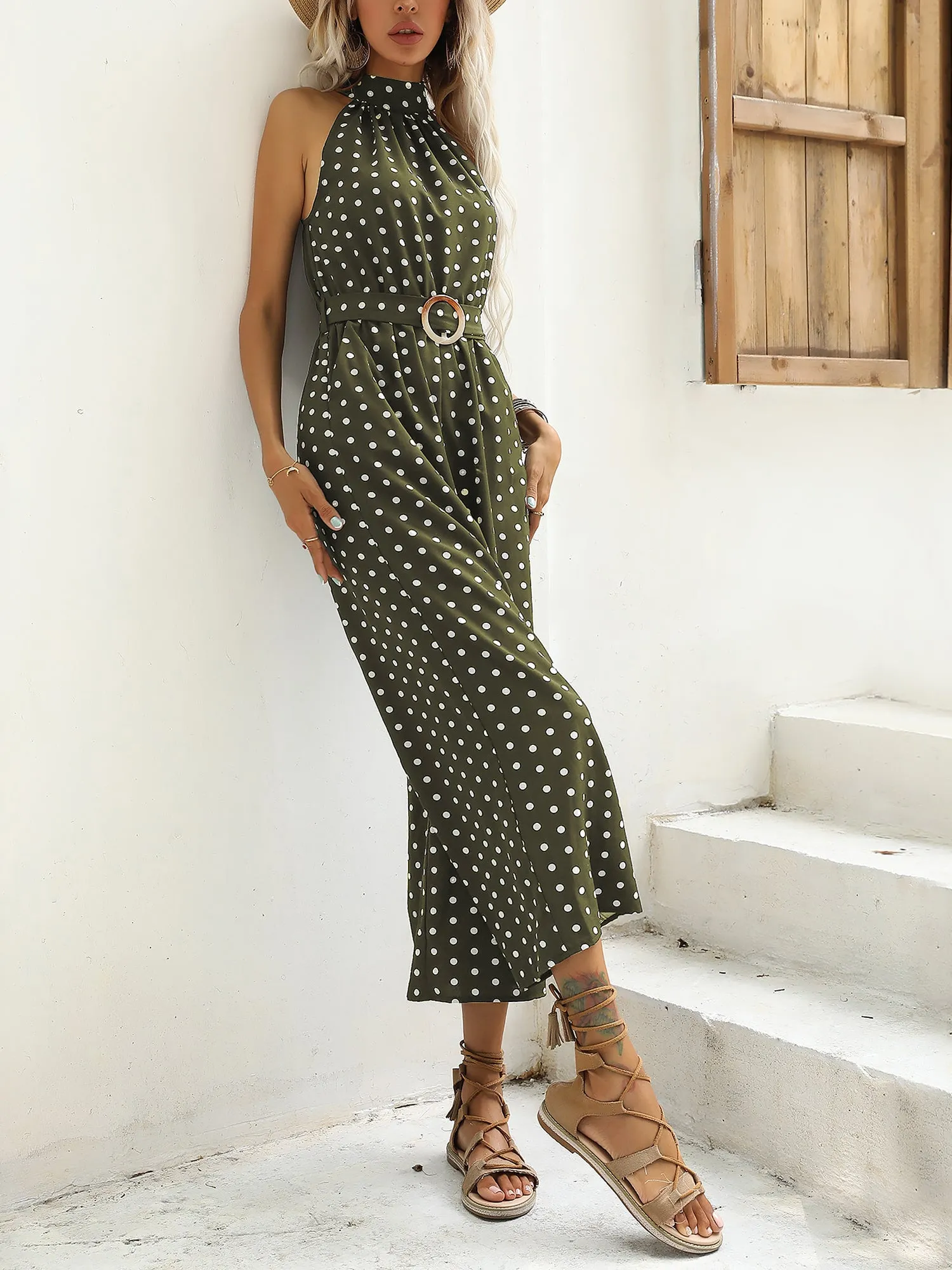 Polka Dot Halter Neck Belted Wide Leg Jumpsuits sold by Allegra K product image thumbnail 4