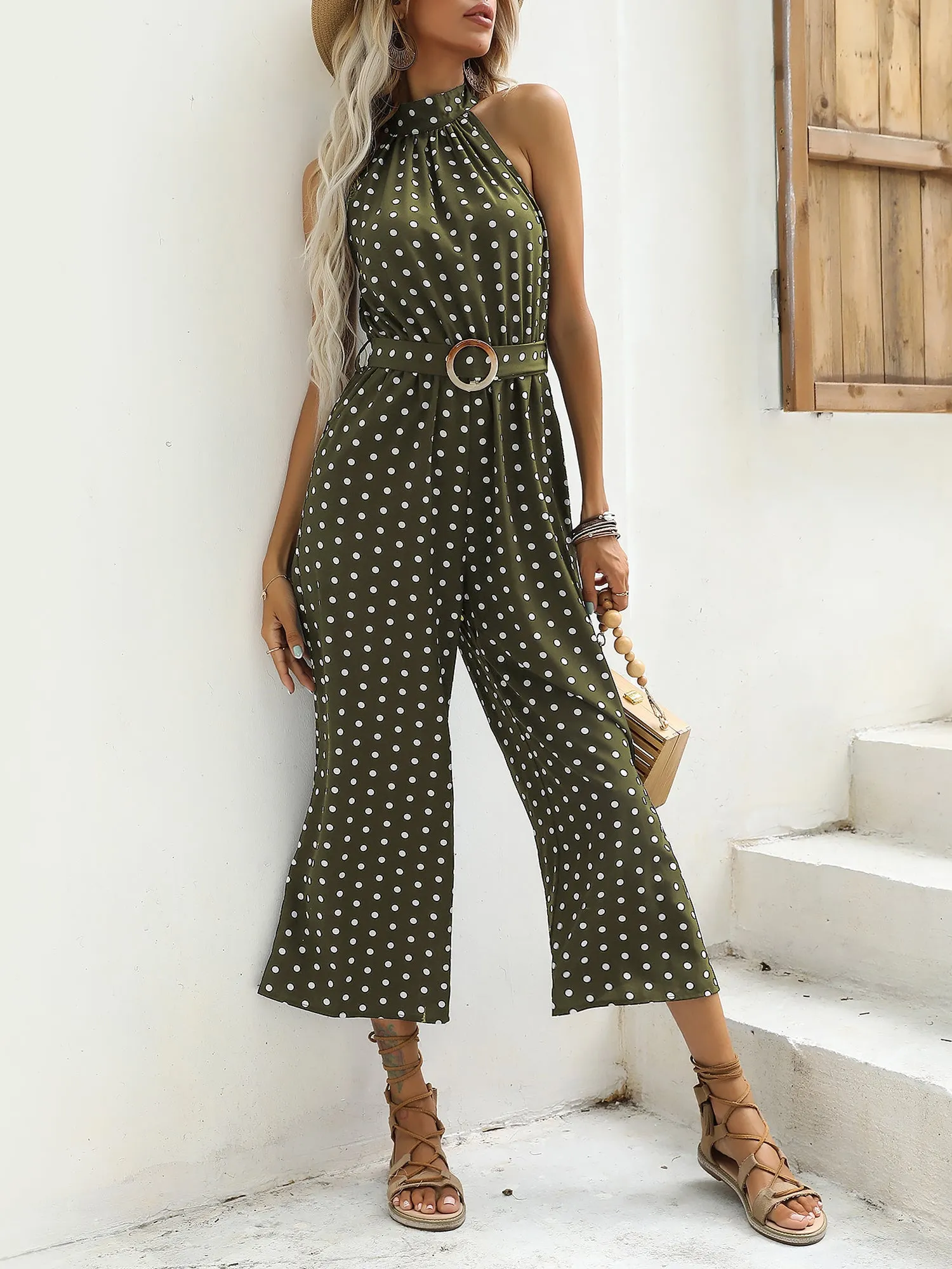 Polka Dot Halter Neck Belted Wide Leg Jumpsuits sold by Allegra K product image thumbnail 3