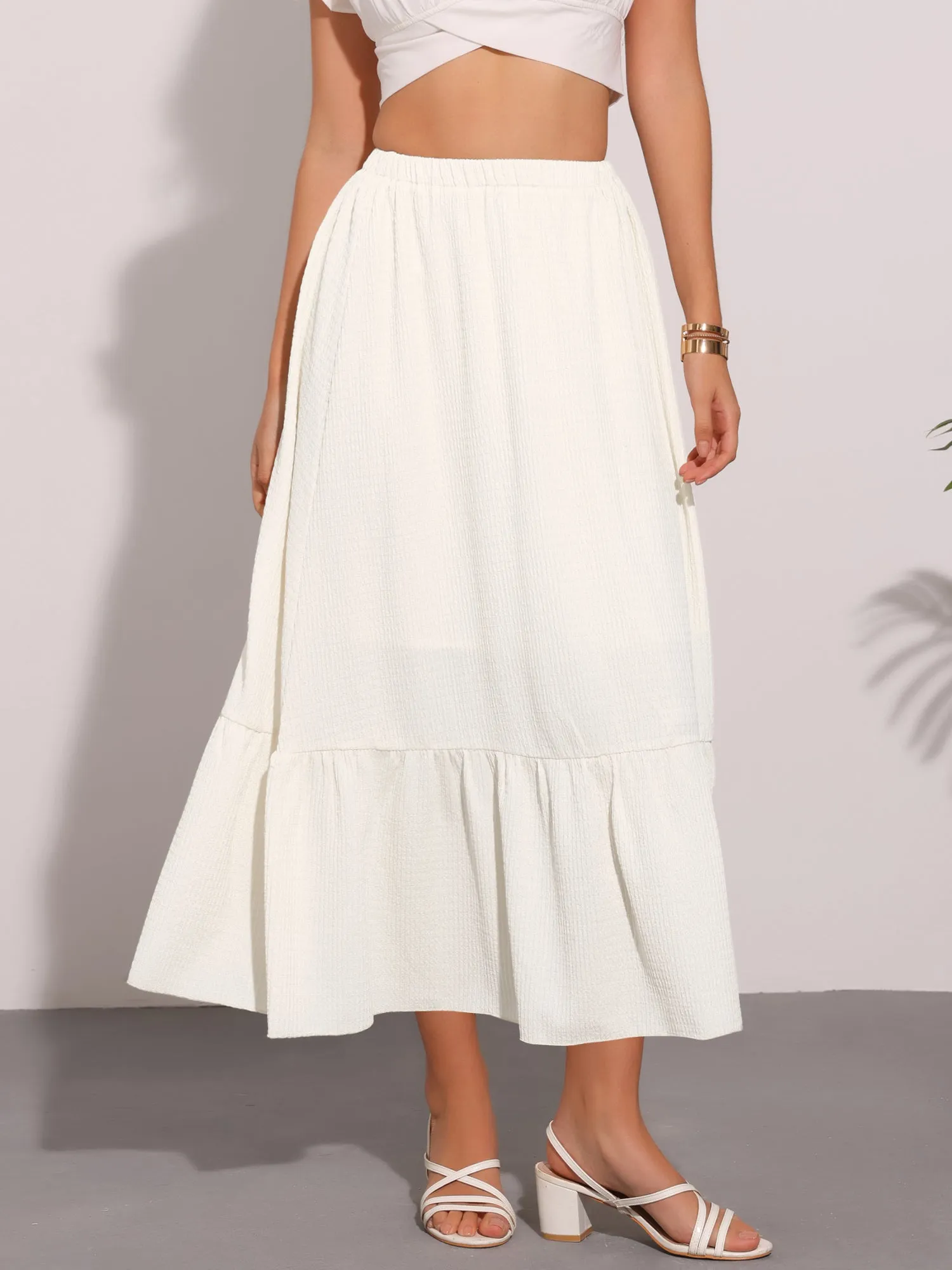 Elastic High Waist Solid Flowy Casual Midi Skirt sold by Allegra K
