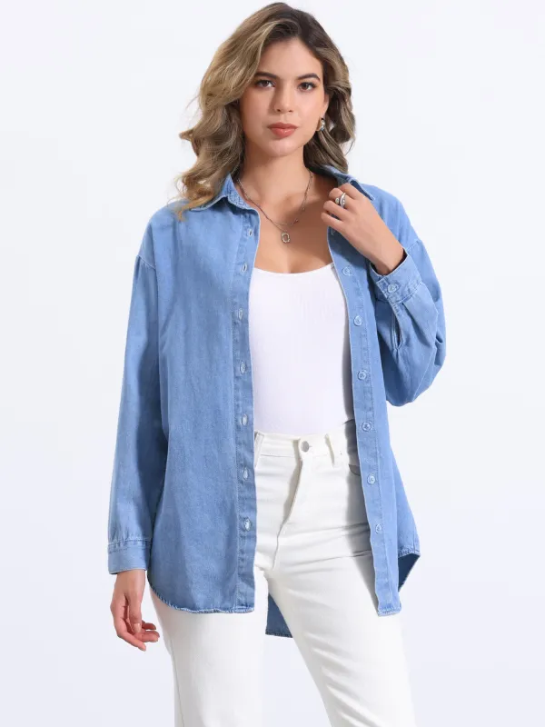 Long Sleeve Button Down Chambray Jean Denim Shirt sold by Allegra K
