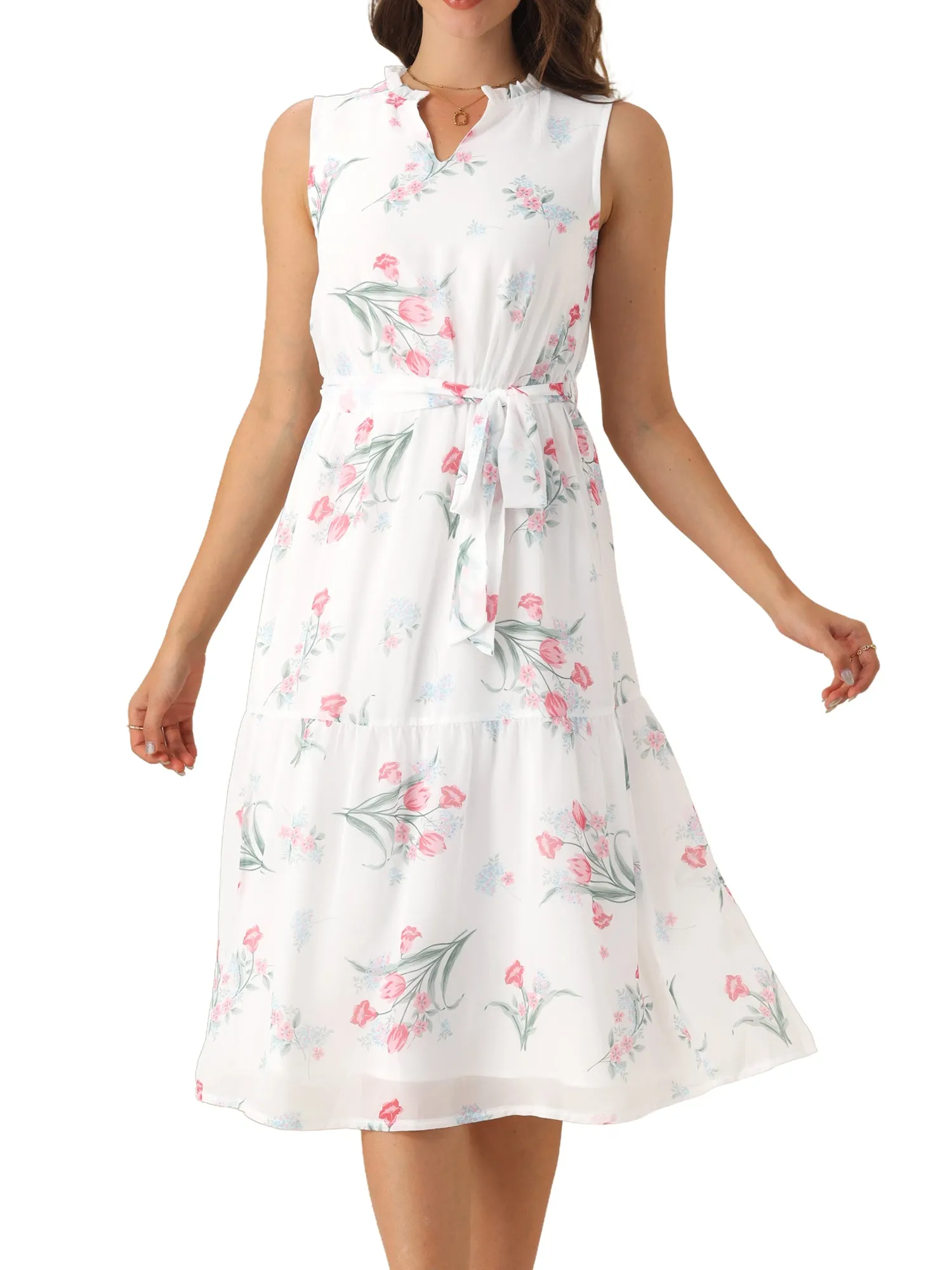 Sleeveless Floral Tie Waist Belted Chiffon Midi Dress sold by Allegra K product image thumbnail 4