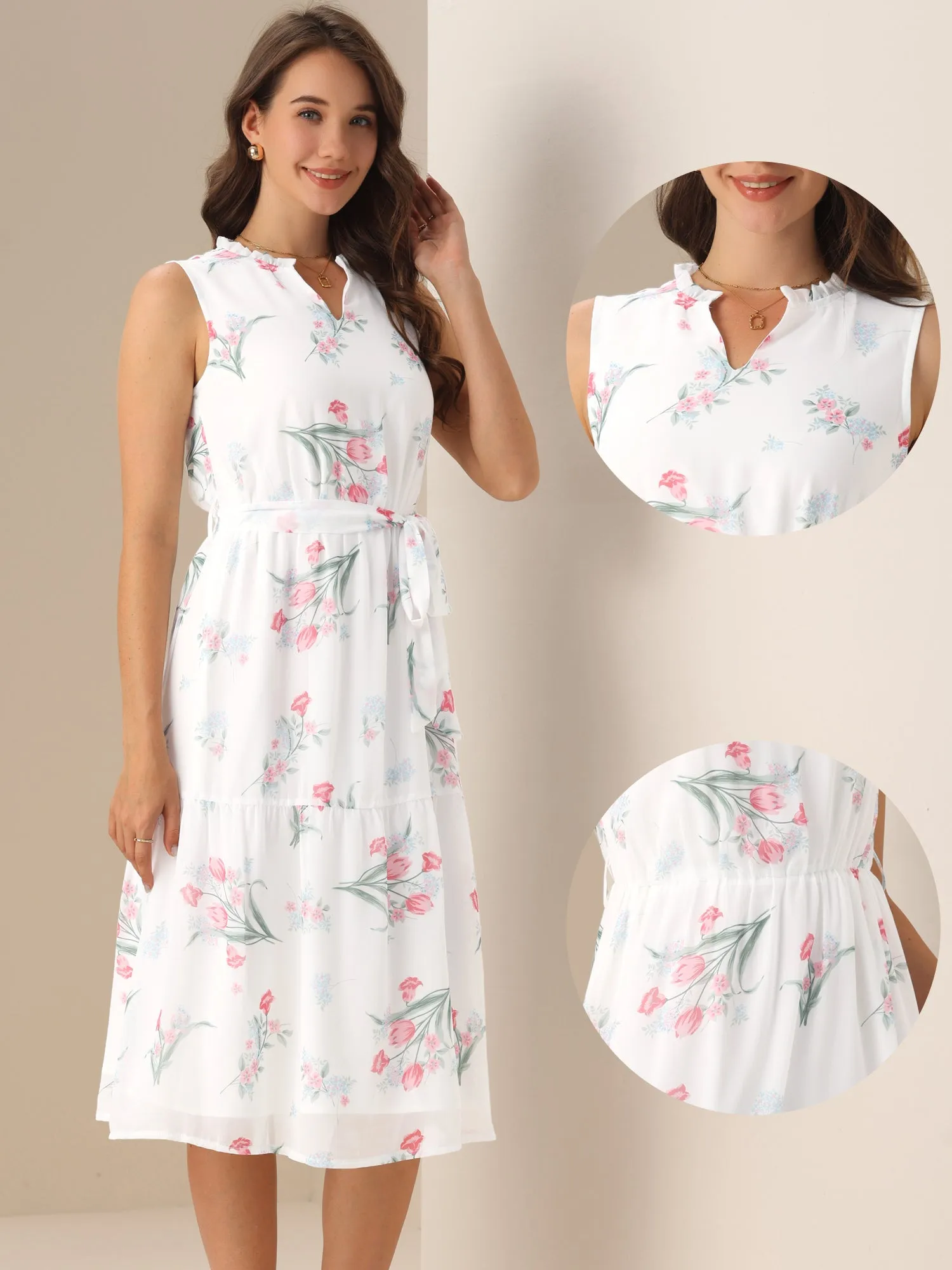 Sleeveless Floral Tie Waist Belted Chiffon Midi Dress sold by Allegra K product image thumbnail 3