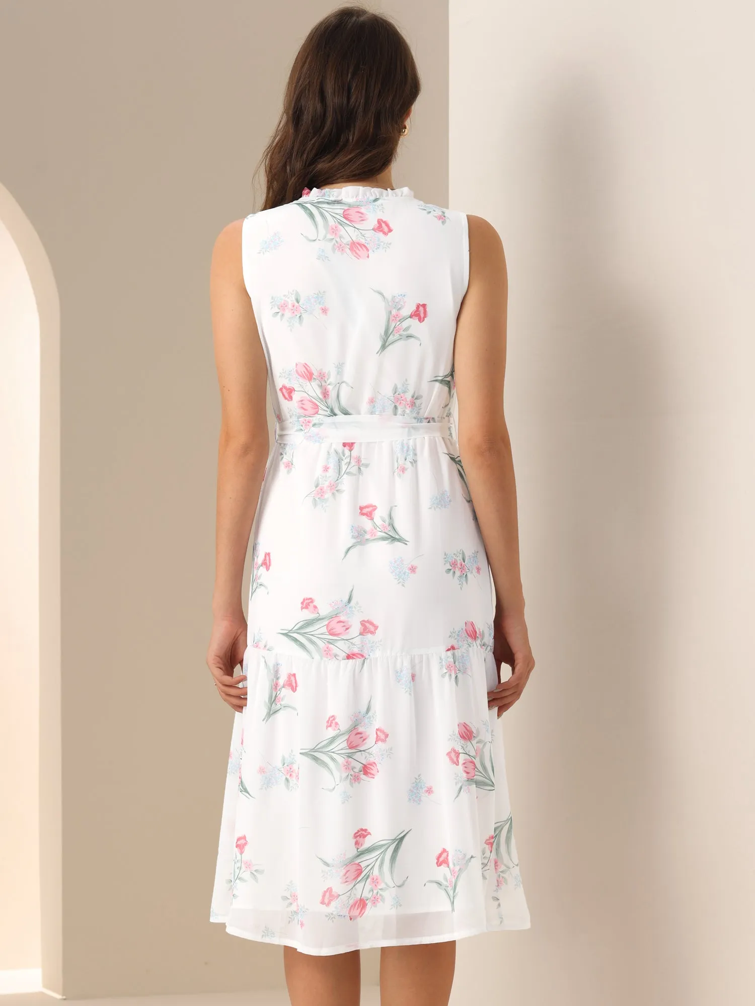 Sleeveless Floral Tie Waist Belted Chiffon Midi Dress sold by Allegra K product image thumbnail 2