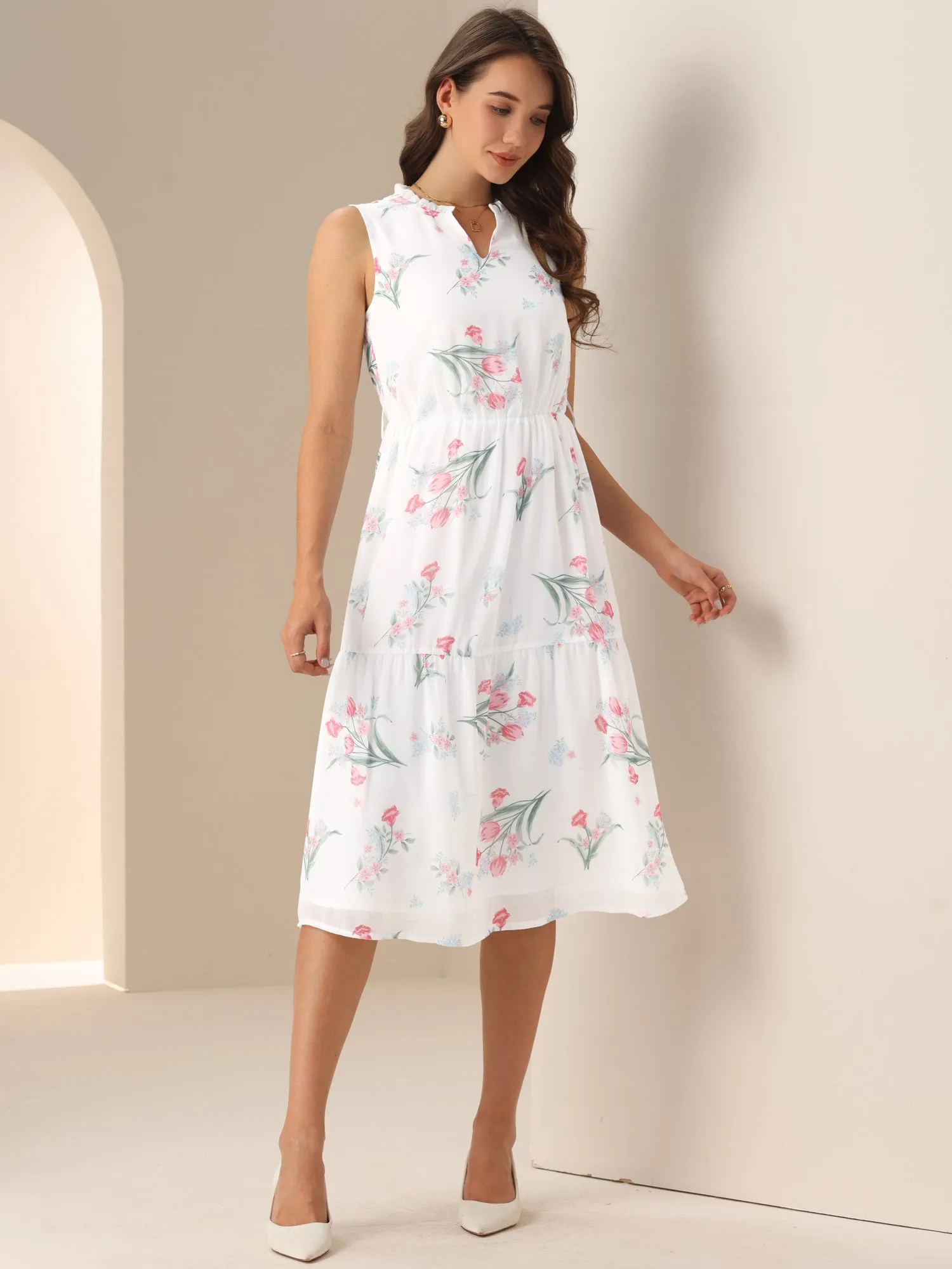 Sleeveless Floral Tie Waist Belted Chiffon Midi Dress sold by Allegra K