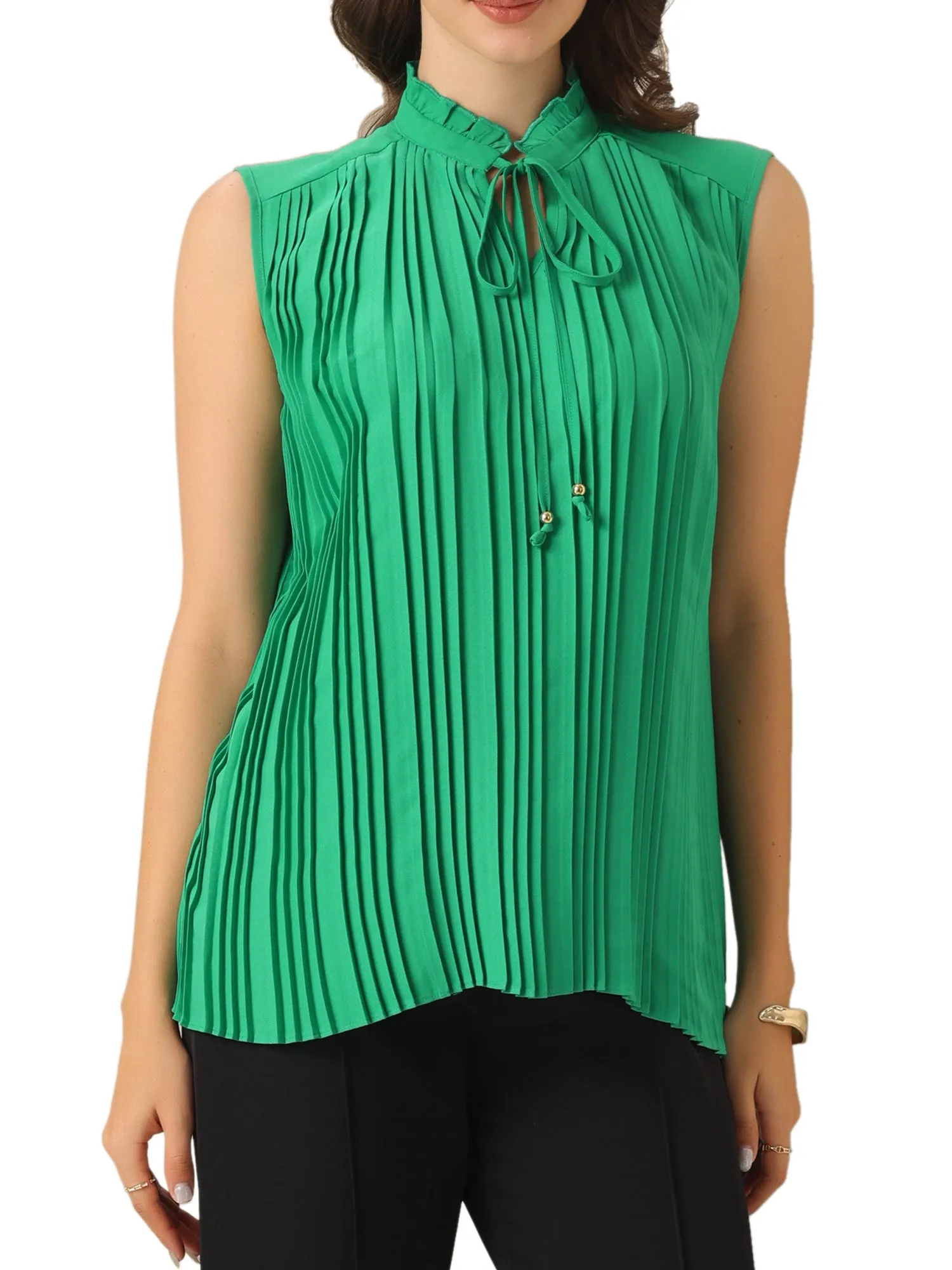 Sleeveless Ruffled Tie Neckline Pleated Blouse sold by Allegra K product image thumbnail 4