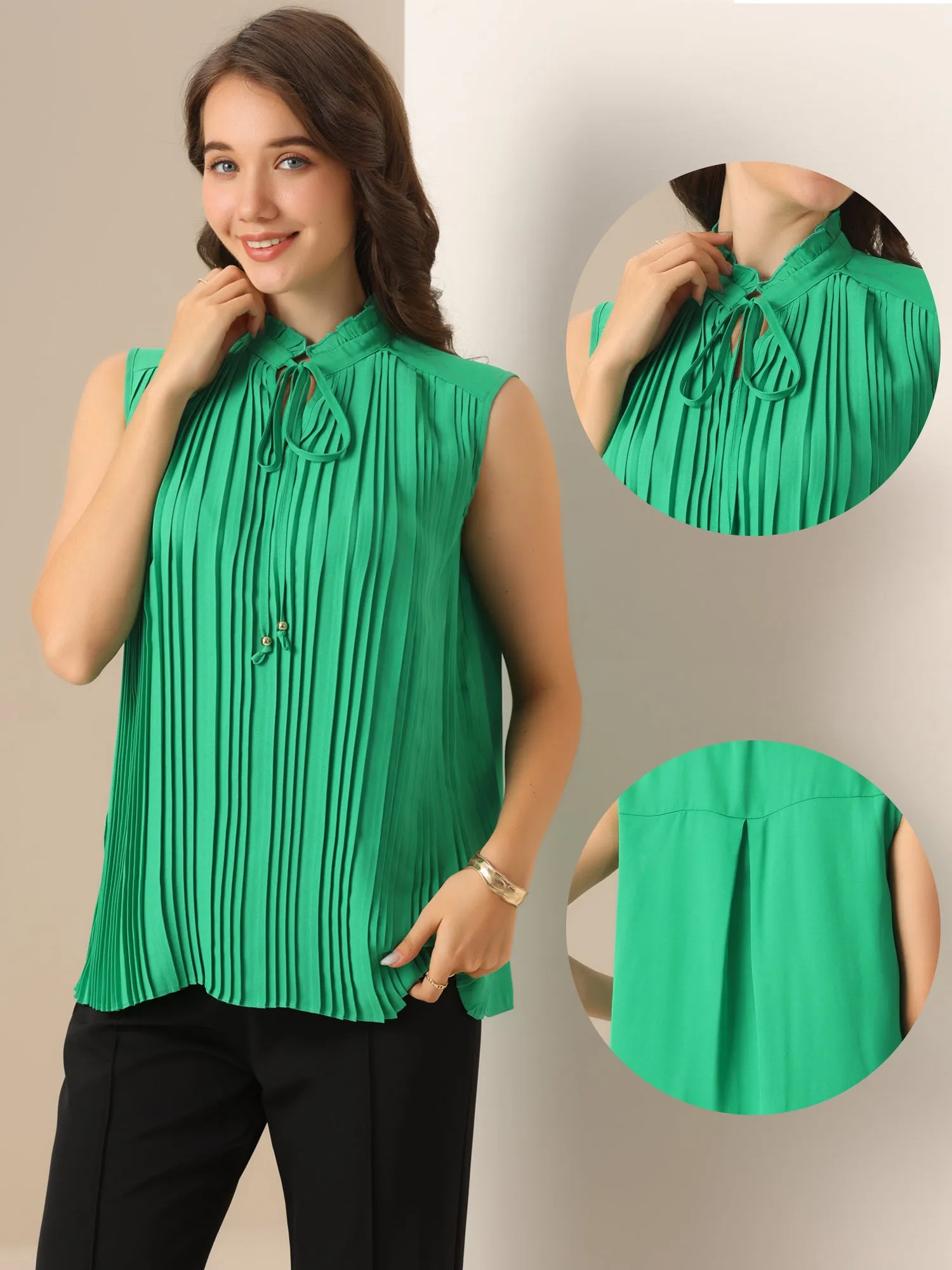 Sleeveless Ruffled Tie Neckline Pleated Blouse sold by Allegra K product image thumbnail 3