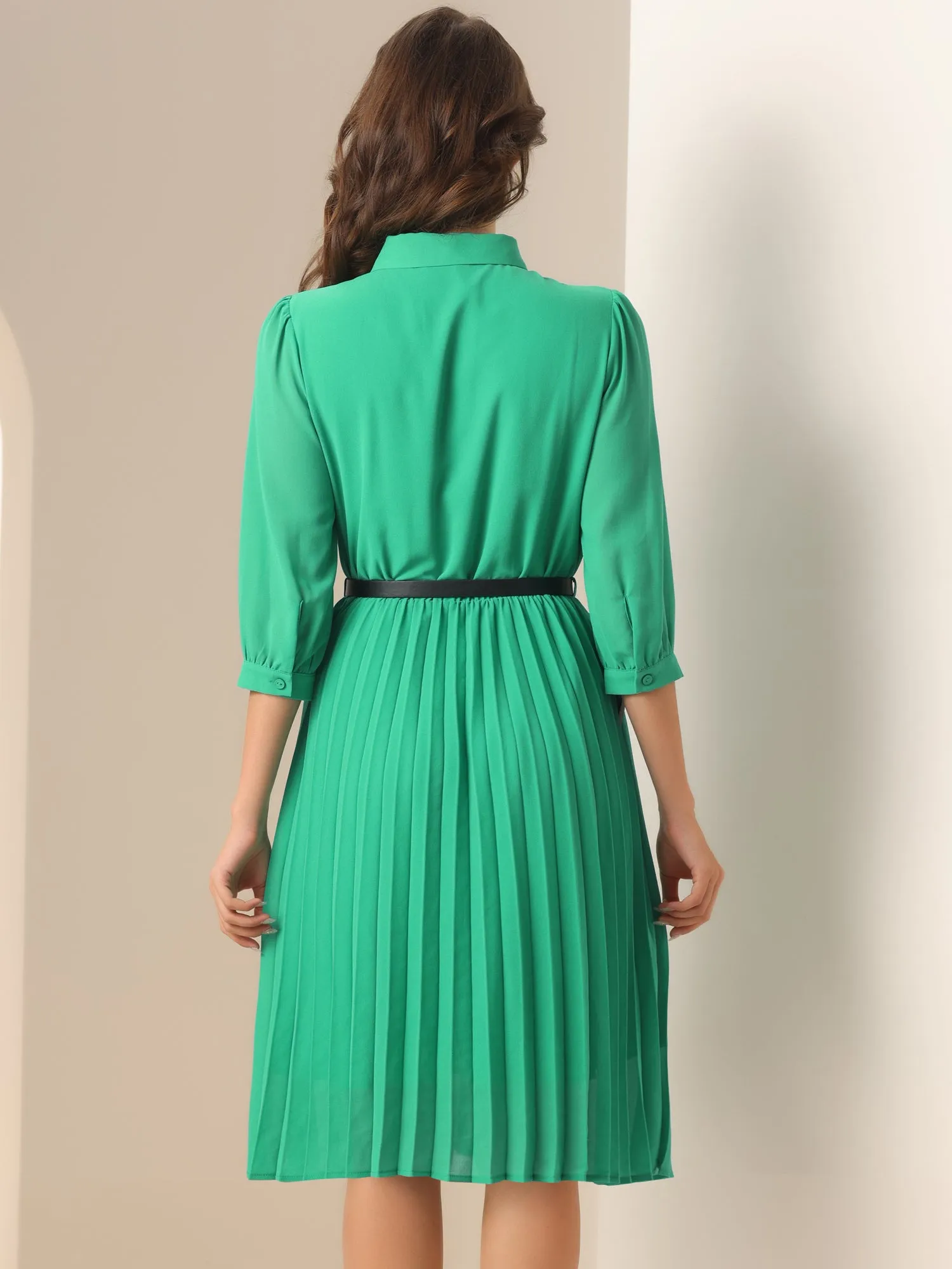 3/4 Sleeve Button Down Belted Pleated Shirt Dress sold by Allegra K product image thumbnail 2