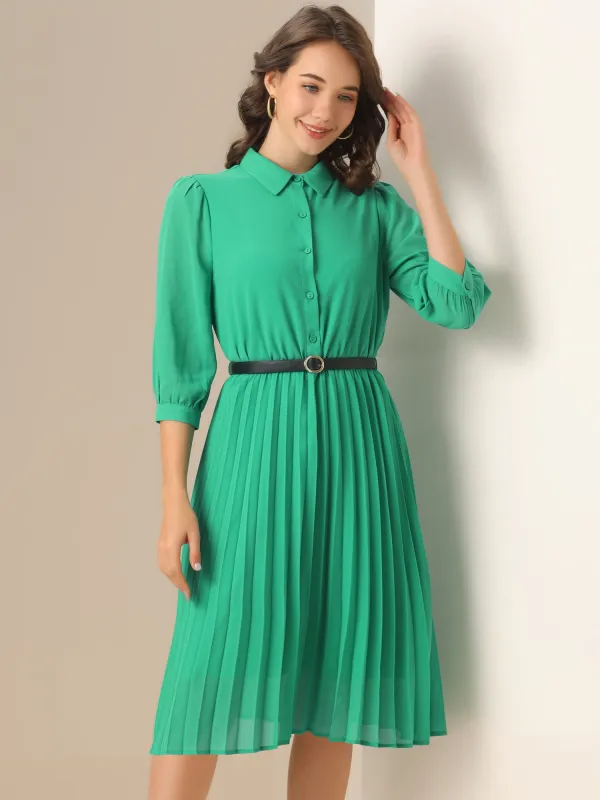 3/4 Sleeve Button Down Belted Pleated Shirt Dress sold by Allegra K