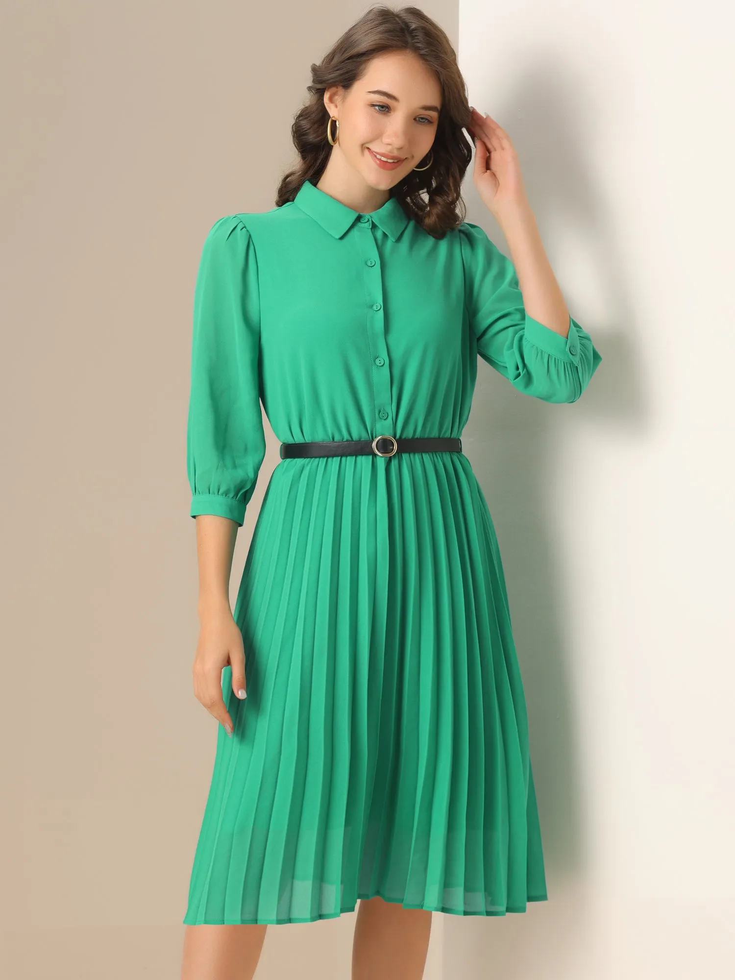 3/4 Sleeve Button Down Belted Pleated Shirt Dress sold by Allegra K