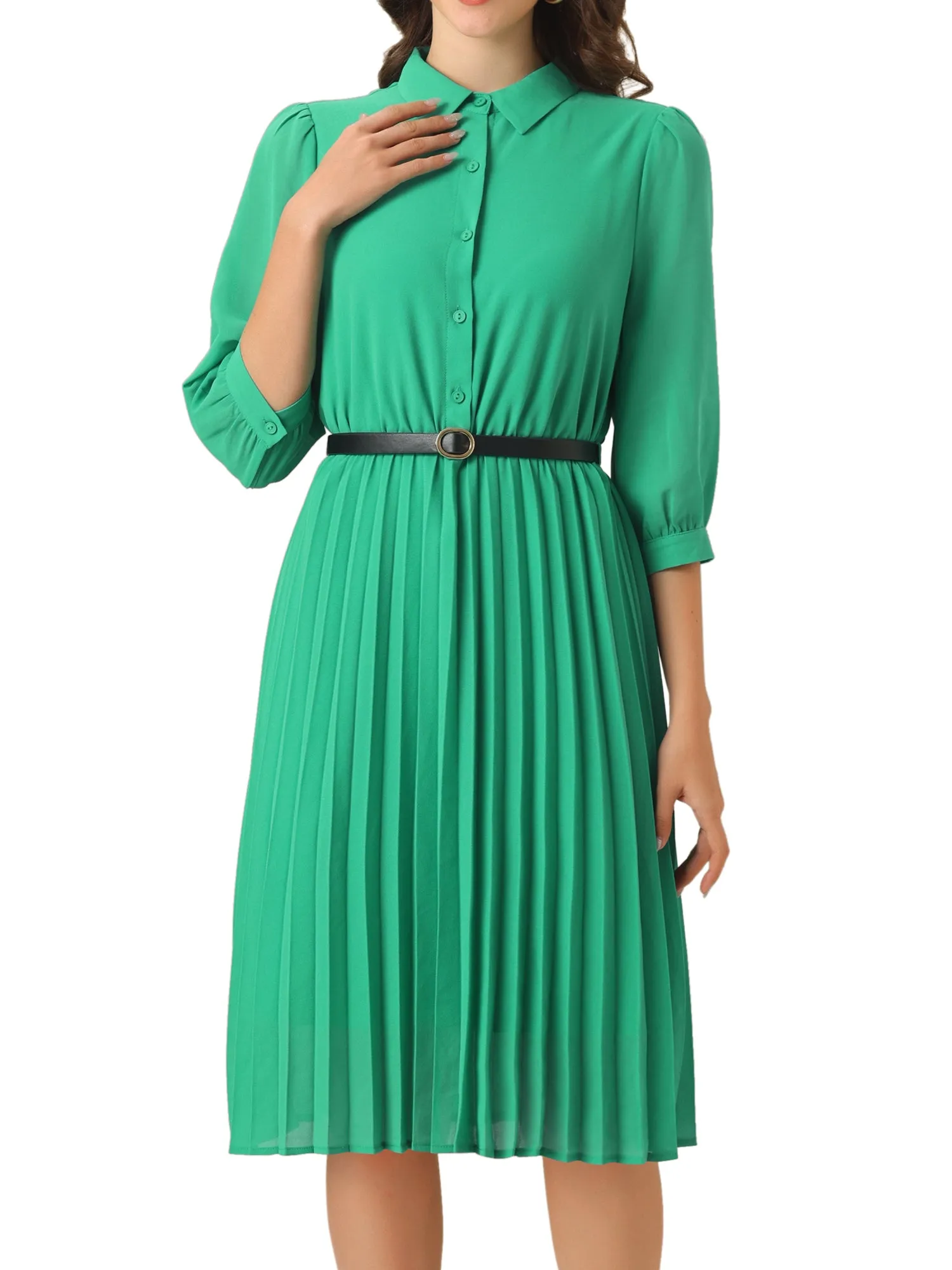 3/4 Sleeve Button Down Belted Pleated Shirt Dress sold by Allegra K product image thumbnail 4