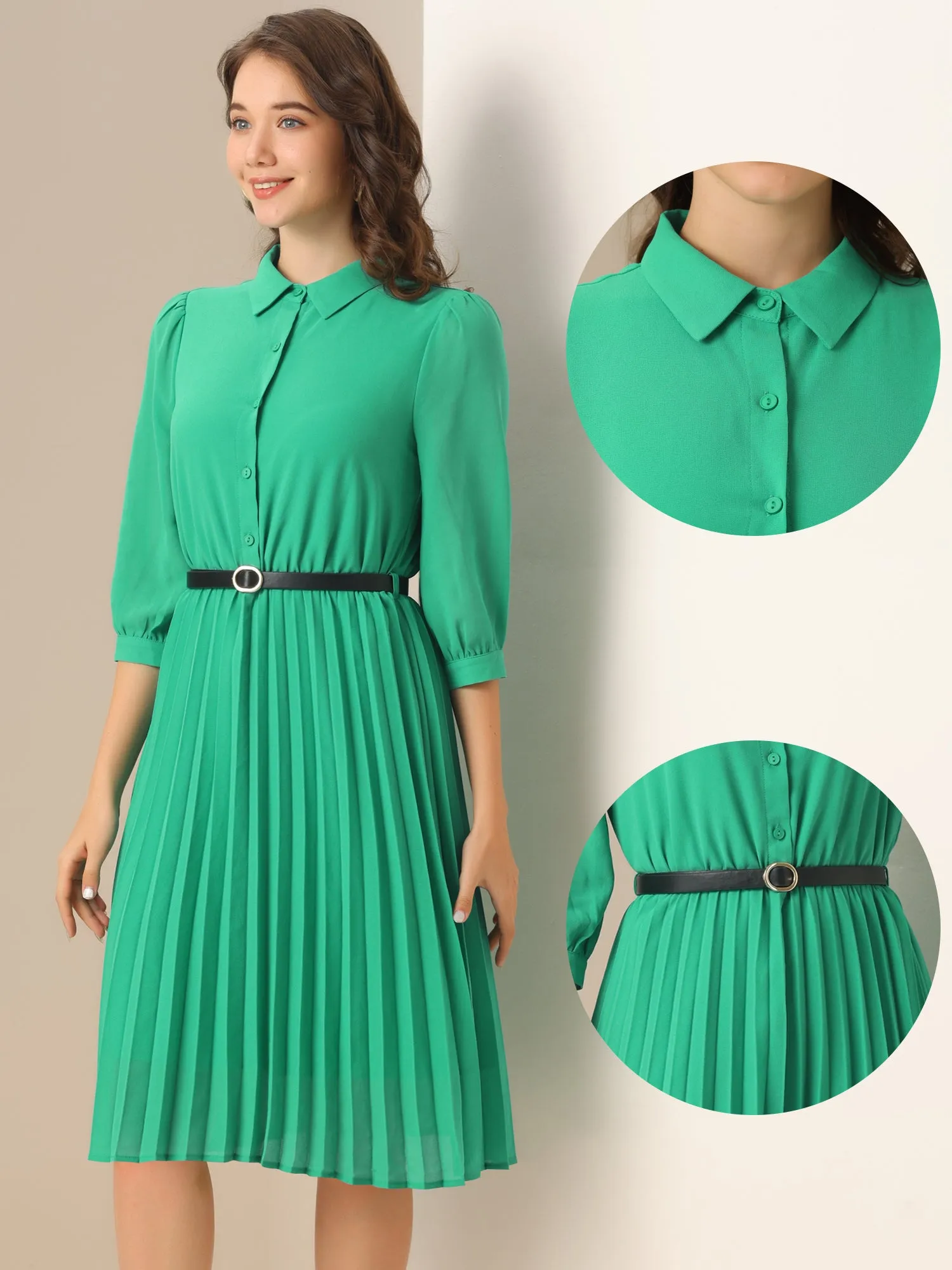 3/4 Sleeve Button Down Belted Pleated Shirt Dress sold by Allegra K product image thumbnail 3