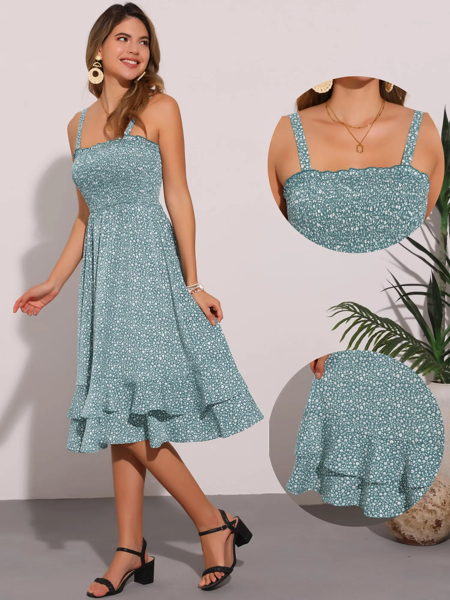 Floral Casual Sleeveless Smocked Ruffled Midi Dress sold by Allegra K product image thumbnail 3