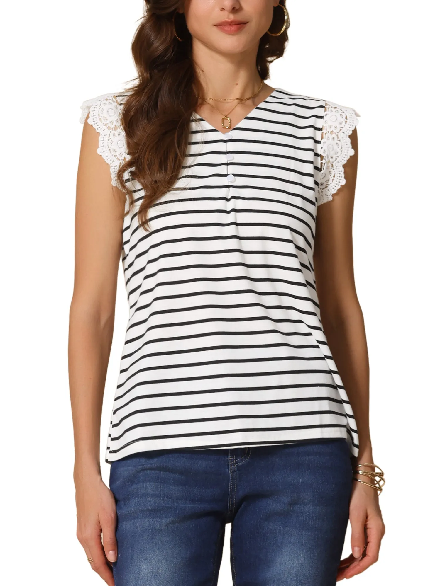 V Neck Lace Patchwork Striped Cap Sleeve Casual Blouse sold by Allegra K product image thumbnail 4
