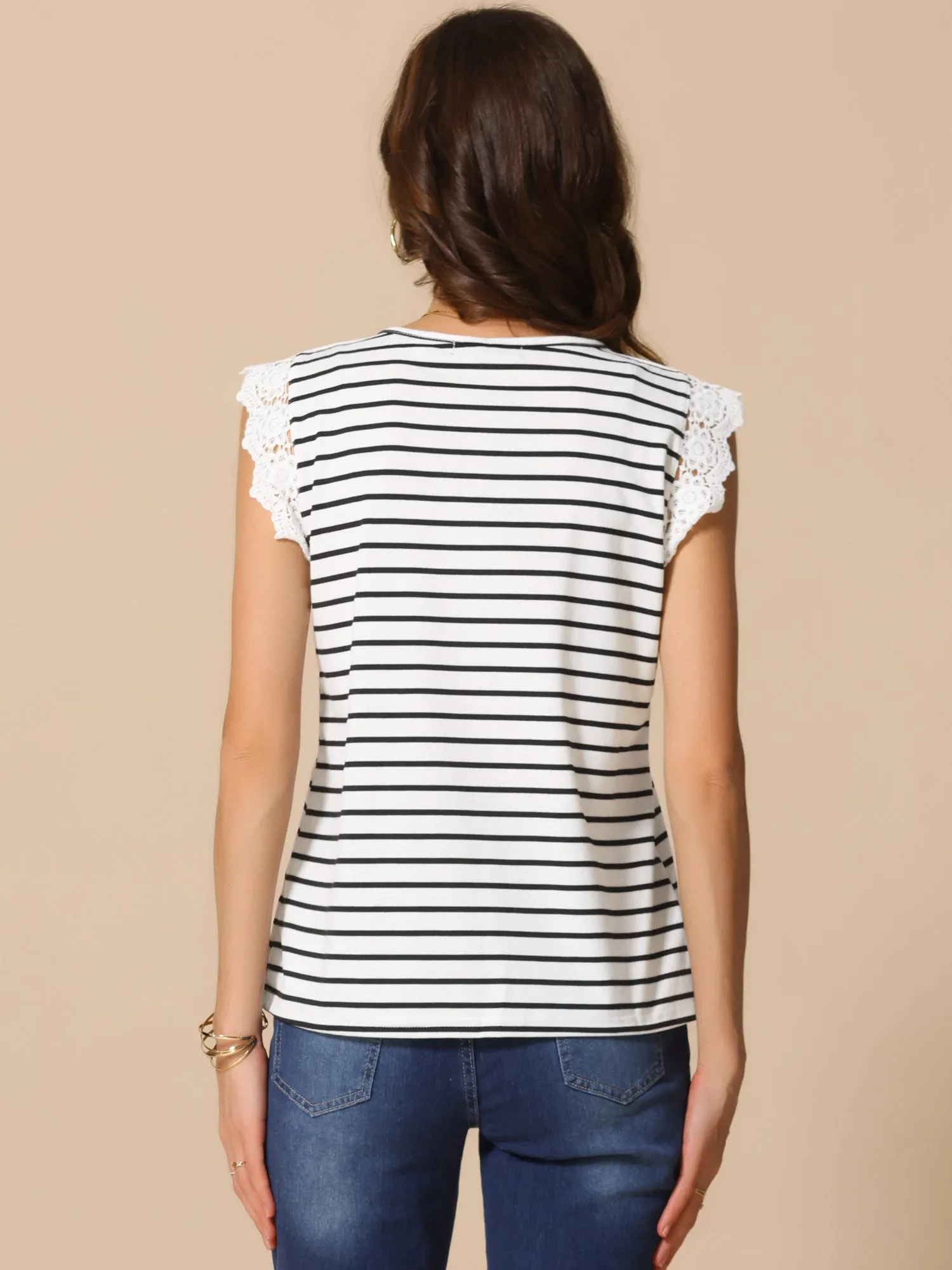 V Neck Lace Patchwork Striped Cap Sleeve Casual Blouse sold by Allegra K product image thumbnail 3