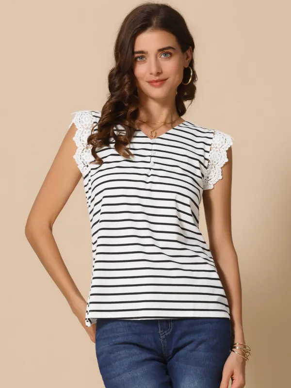 V Neck Lace Patchwork Striped Cap Sleeve Casual Blouse sold by Allegra K