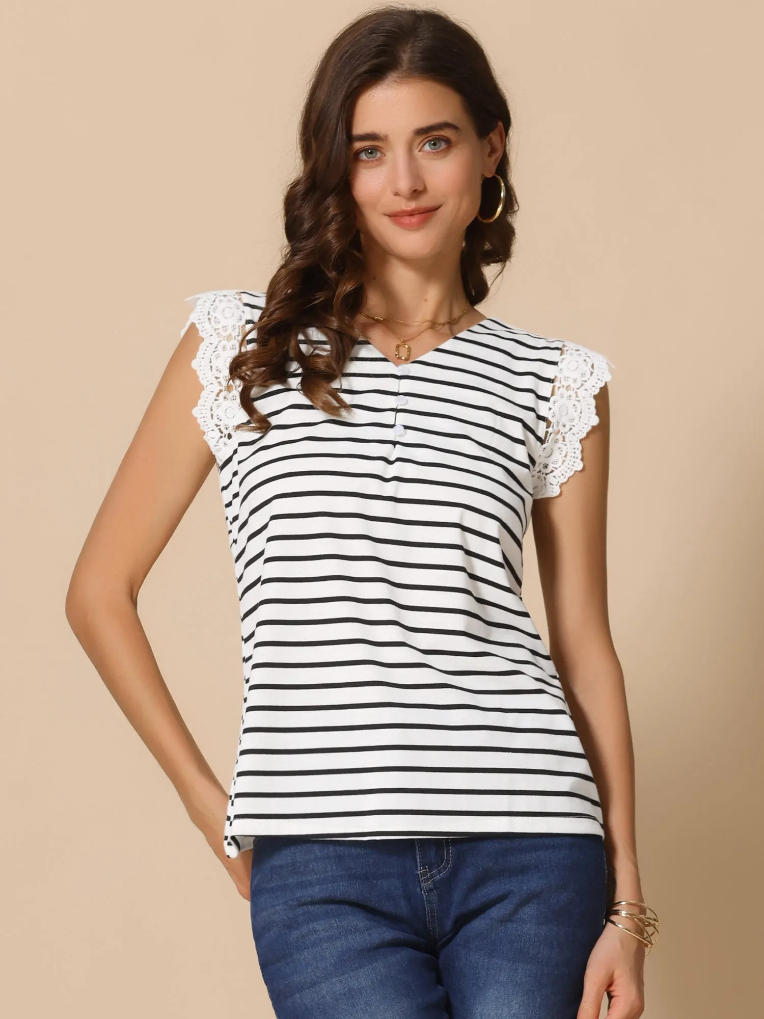 V Neck Lace Patchwork Striped Cap Sleeve Casual Blouse sold by Allegra K