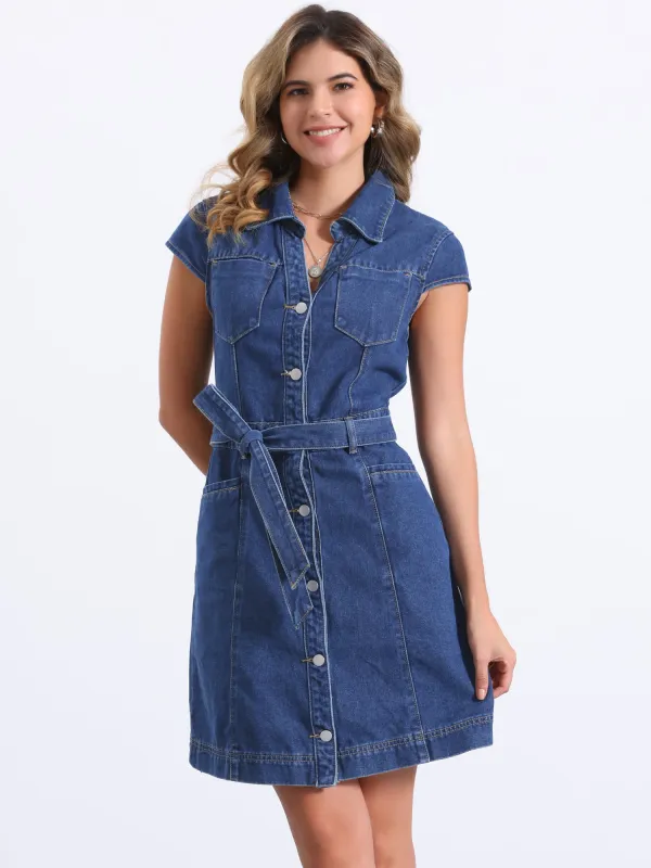 Denim Cap Sleeve Belted Button Down Jean Shirt Dress sold by Allegra K
