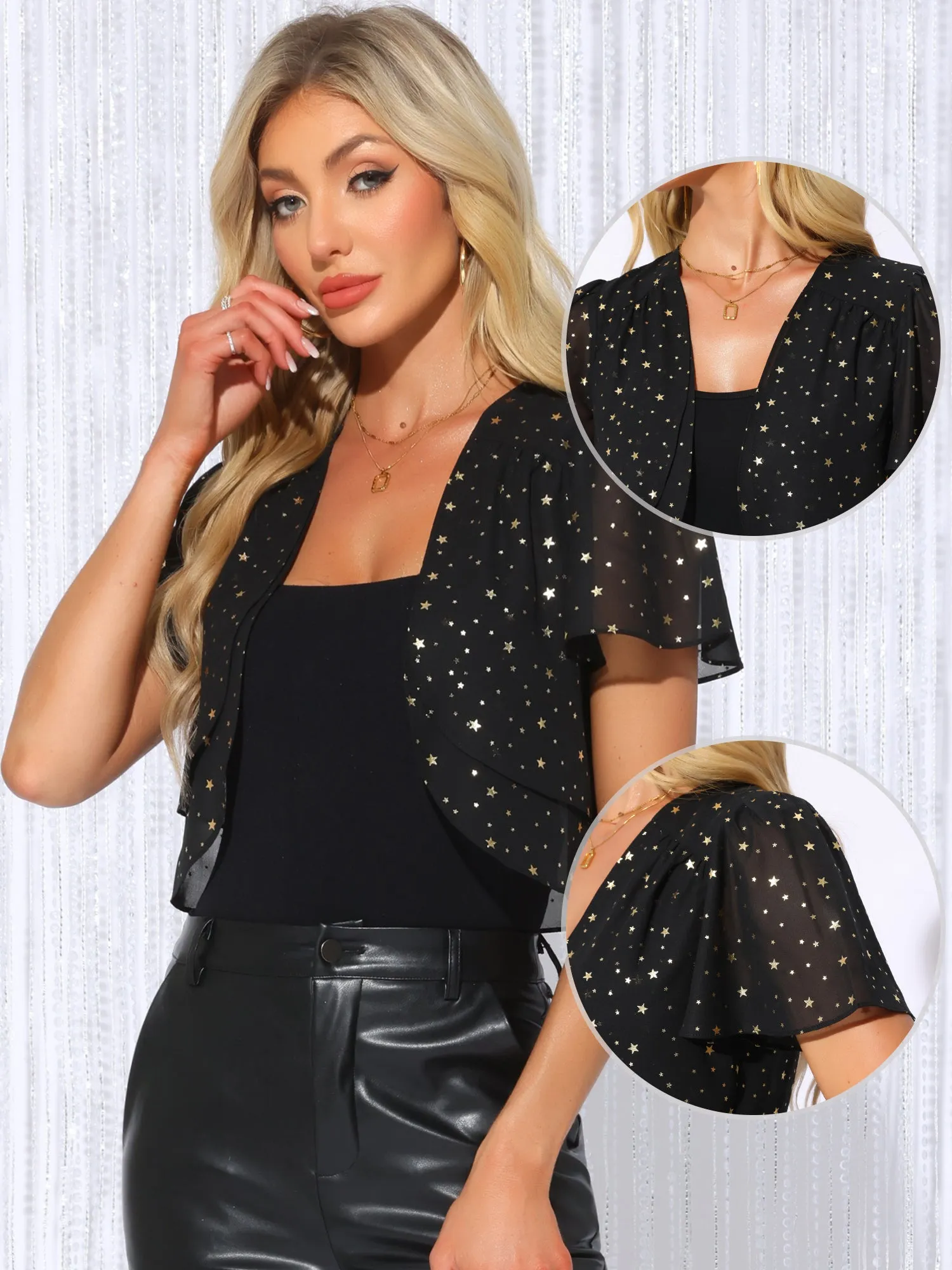 Metallic Glitter Star Crop Open Front Bolero Shrugs sold by Allegra K