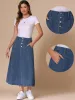 High Waisted Frayed Pocketed Long Denim Jean Skirt sold by Allegra K