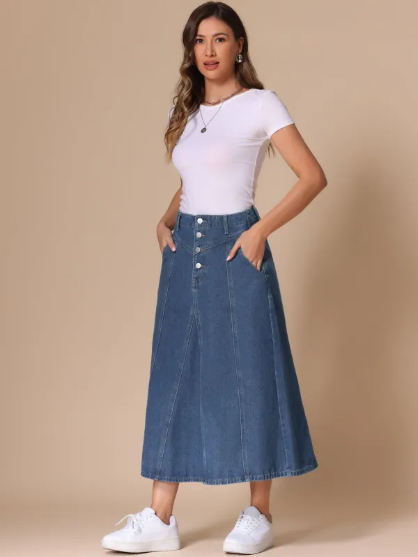 High Waisted Frayed Pocketed Long Denim Jean Skirt sold by Allegra K