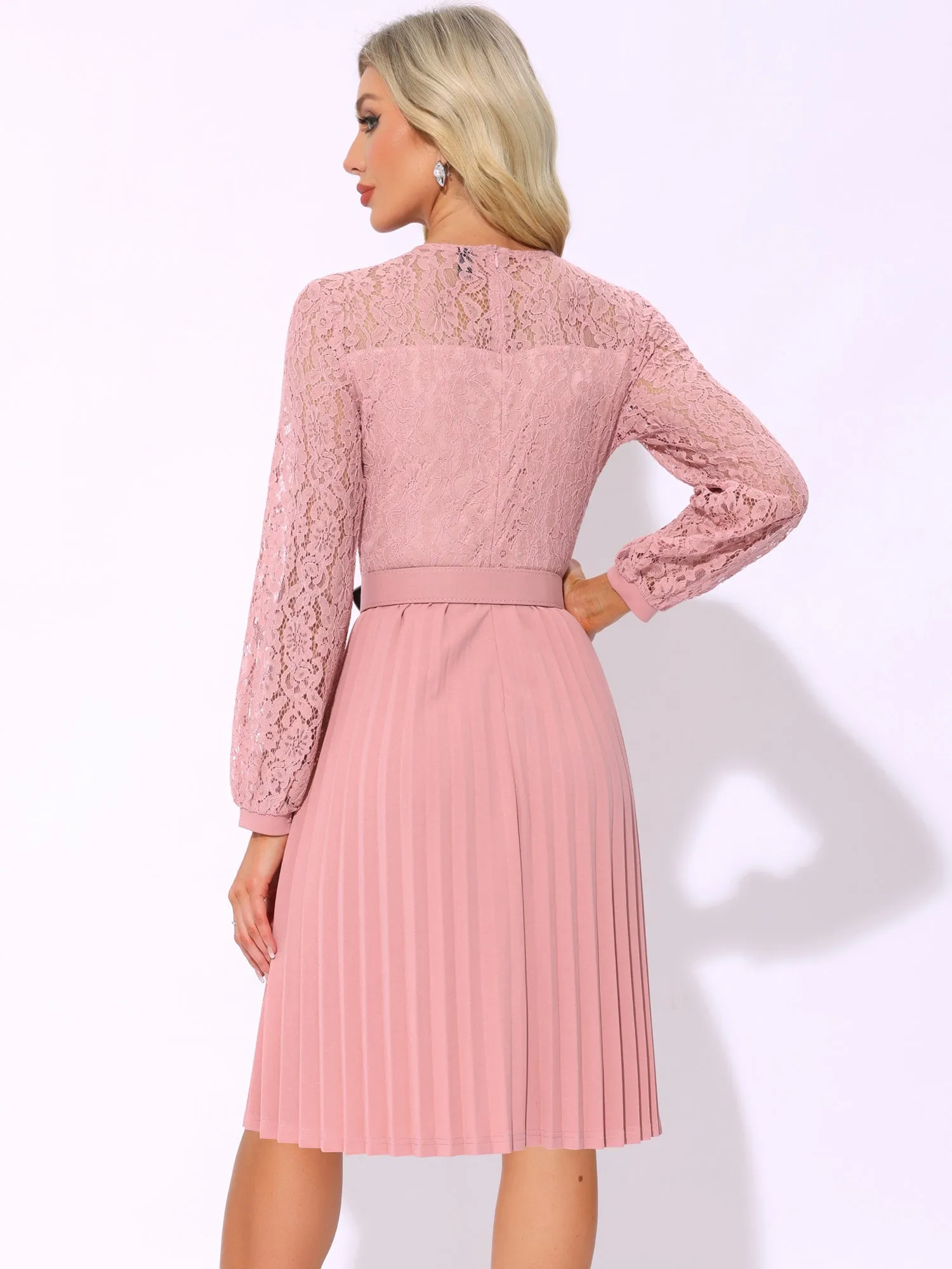 Lace Long Sleeves Belted Pleated Midi Dress sold by Allegra K product image thumbnail 3
