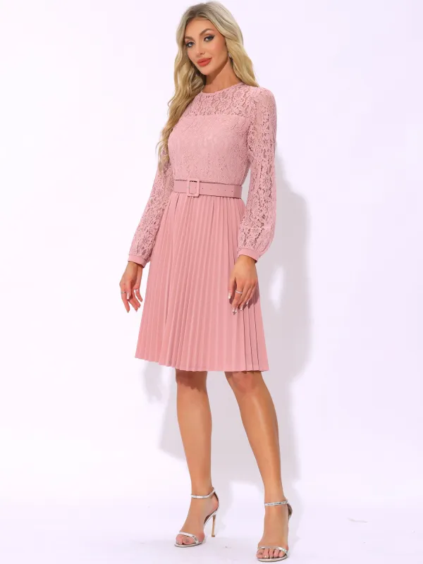 Lace Long Sleeves Belted Pleated Midi Dress sold by Allegra K