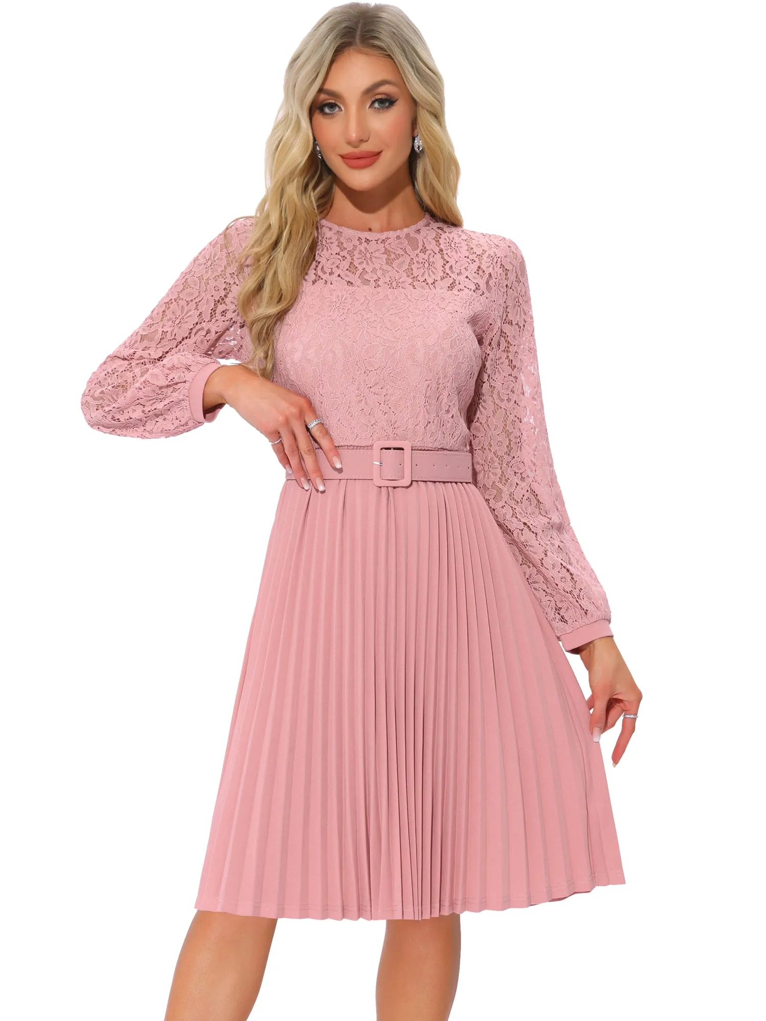 Lace Long Sleeves Belted Pleated Midi Dress sold by Allegra K product image thumbnail 4