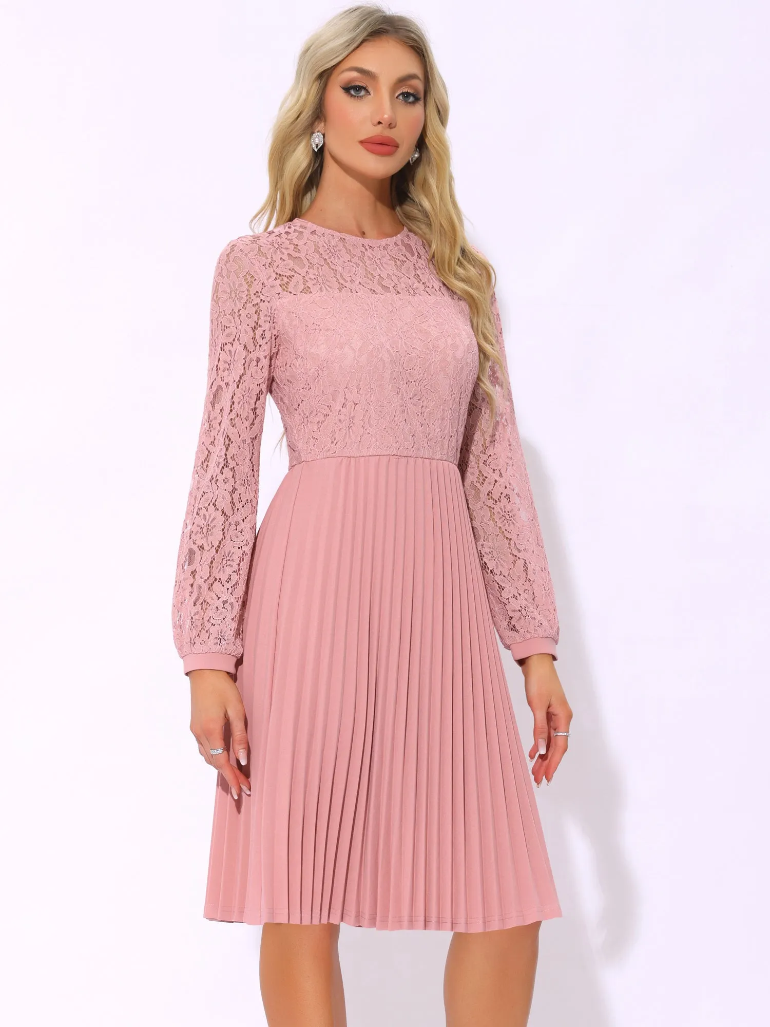 Lace Long Sleeves Belted Pleated Midi Dress sold by Allegra K product image thumbnail 2