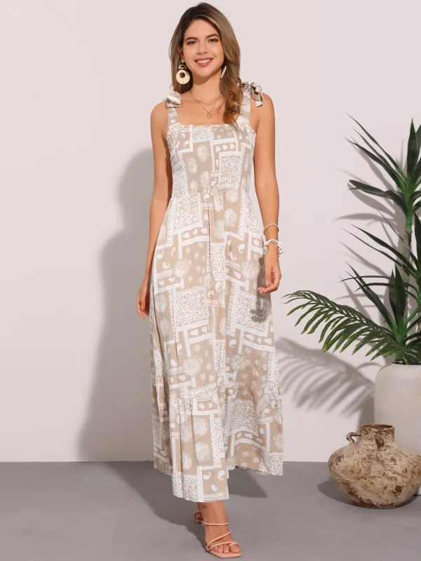 Tie Strap Square Neck Boho Floral Maxi Dress sold by Allegra K