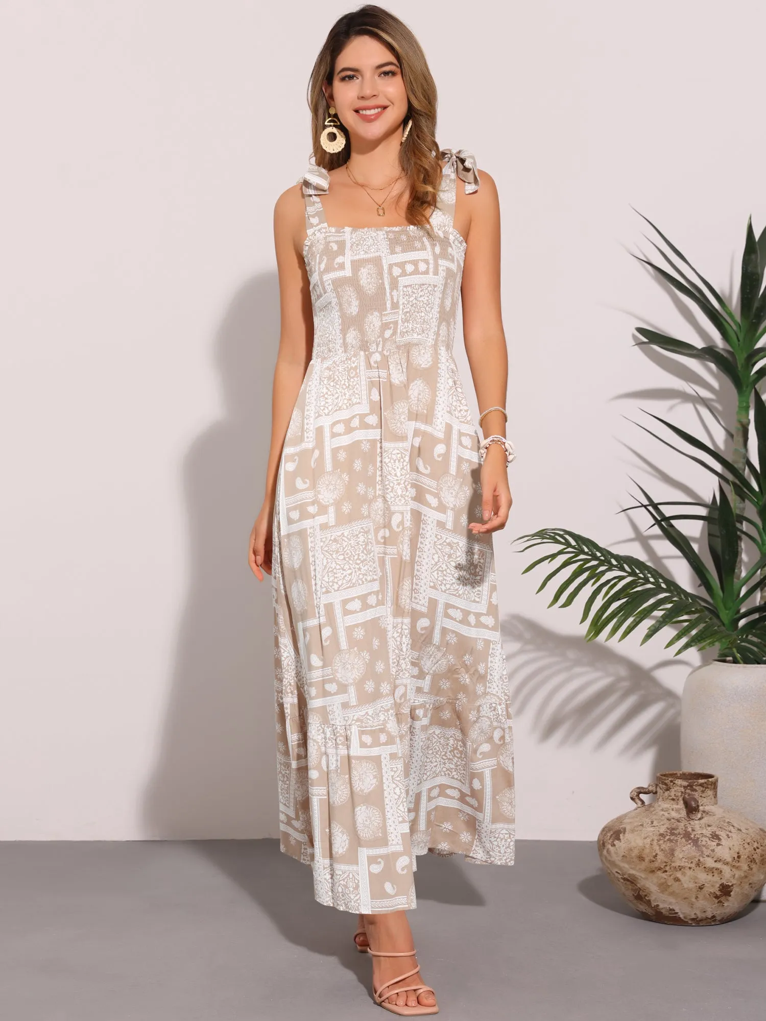 Tie Strap Square Neck Boho Floral Maxi Dress sold by Allegra K