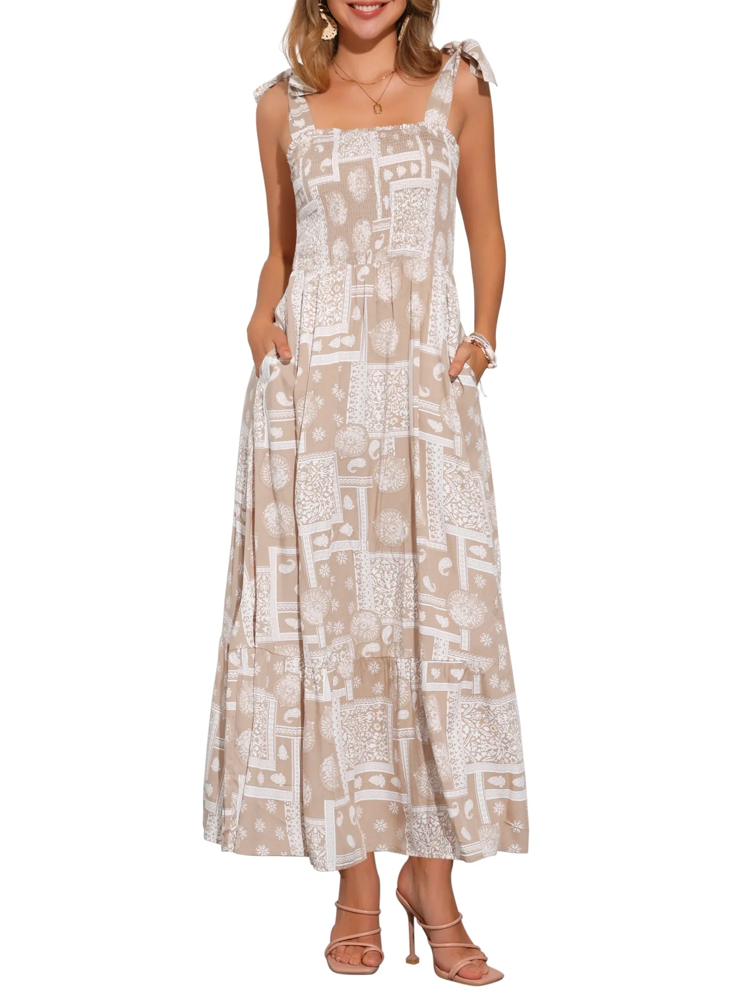 Tie Strap Square Neck Boho Floral Maxi Dress sold by Allegra K product image thumbnail 4
