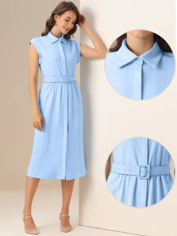 Cap Sleeves Collared Button Down Belted Midi Work Dress sold by Allegra K
