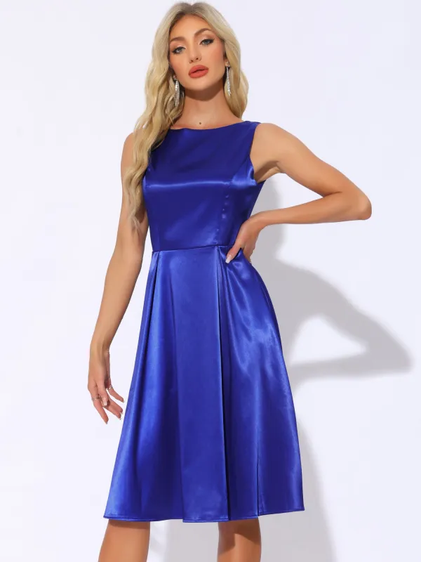 Satin Sleeveless Boat Neck A-Line Cocktail Evening Dress sold by Allegra K