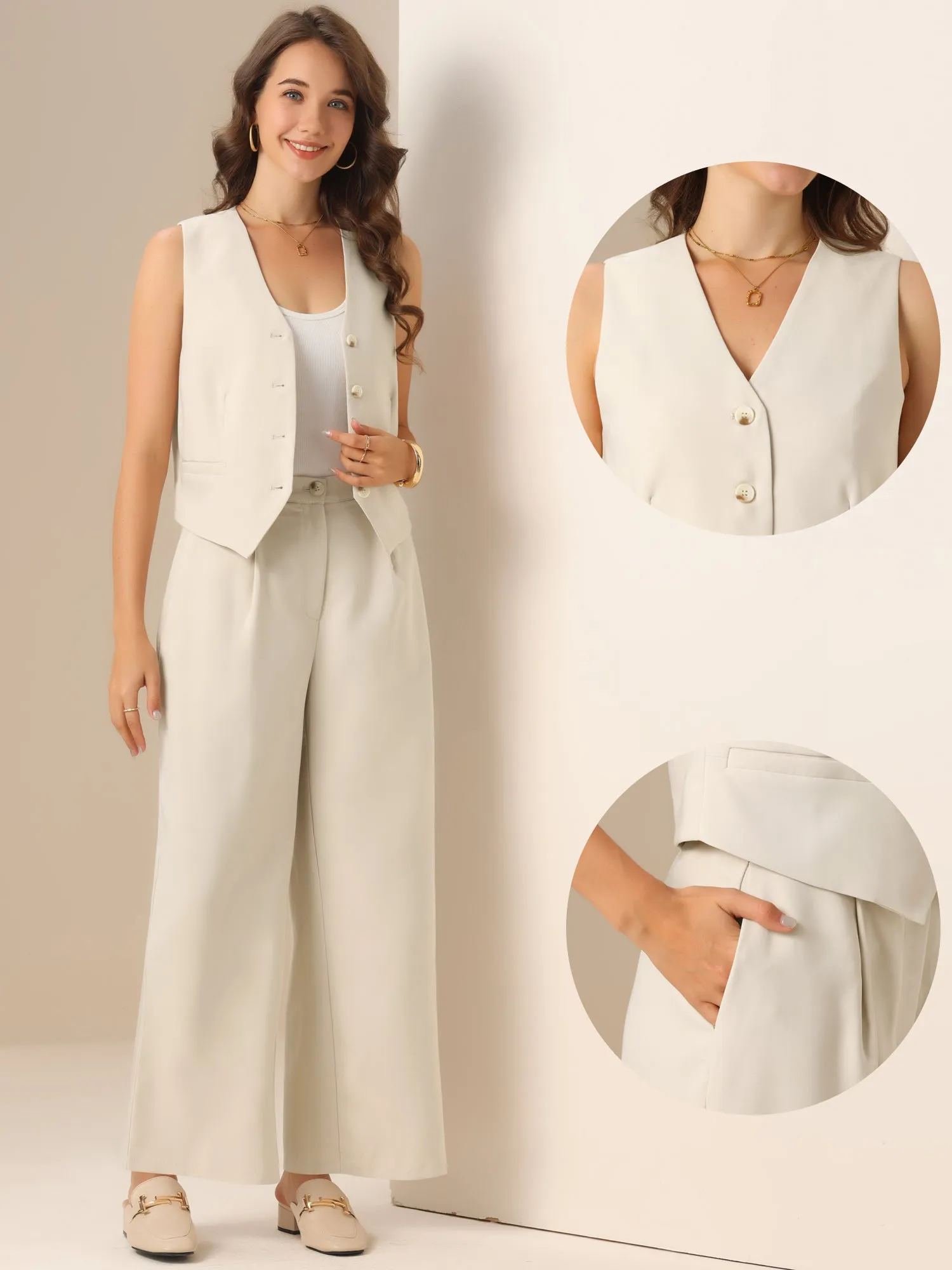 2 Pieces Button Front Sleeveless Vest & Wide Leg Pants Matching Sets sold by Allegra K product image thumbnail 3
