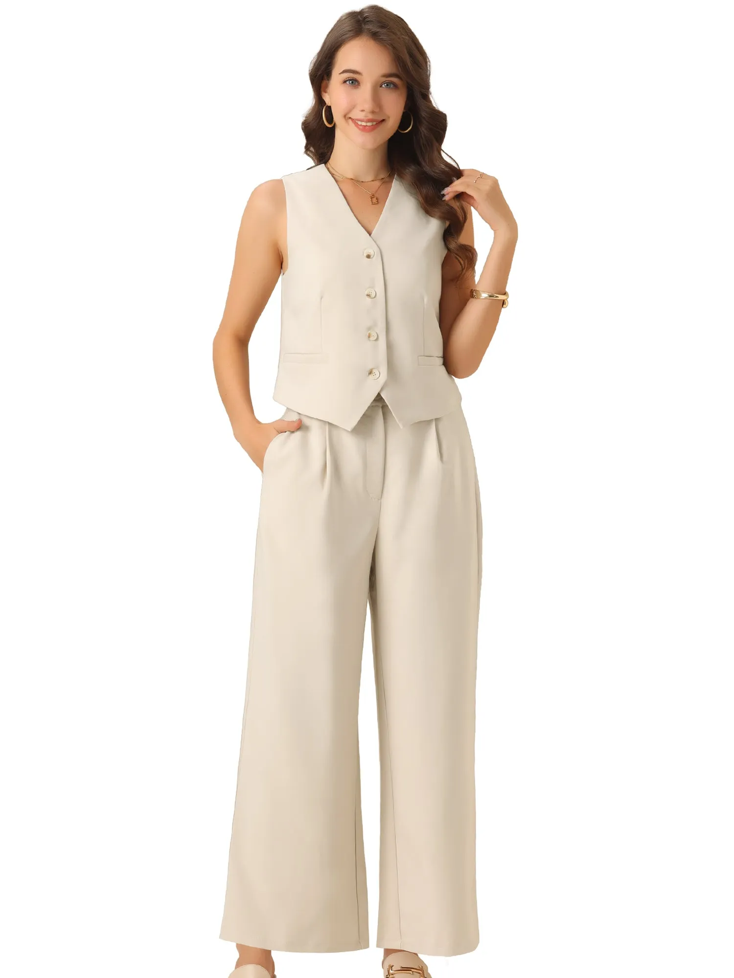 2 Pieces Button Front Sleeveless Vest & Wide Leg Pants Matching Sets sold by Allegra K product image thumbnail 4