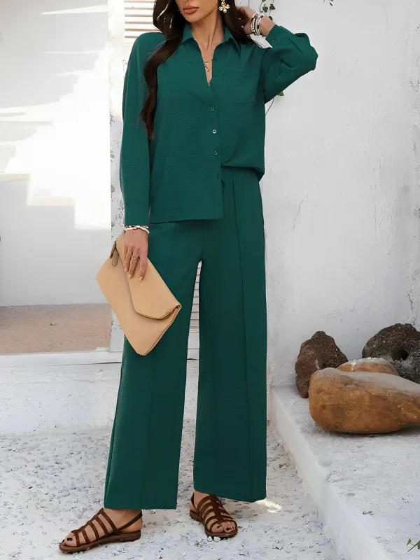 2 Pieces Long Sleeves Button Down Shirt & Wide Legs Pants Set sold by Allegra K
