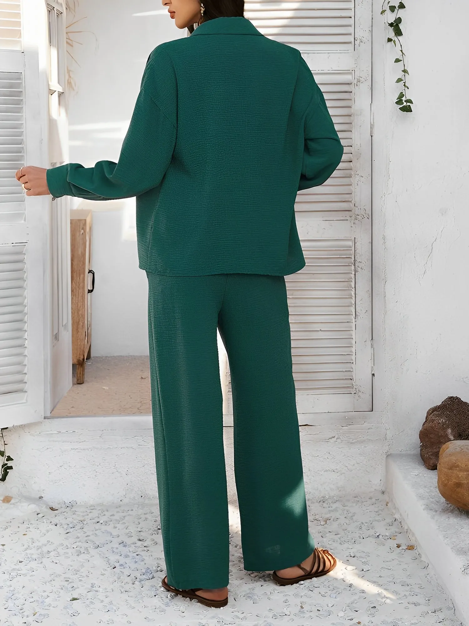 2 Pieces Long Sleeves Button Down Shirt & Wide Legs Pants Set sold by Allegra K product image thumbnail 4