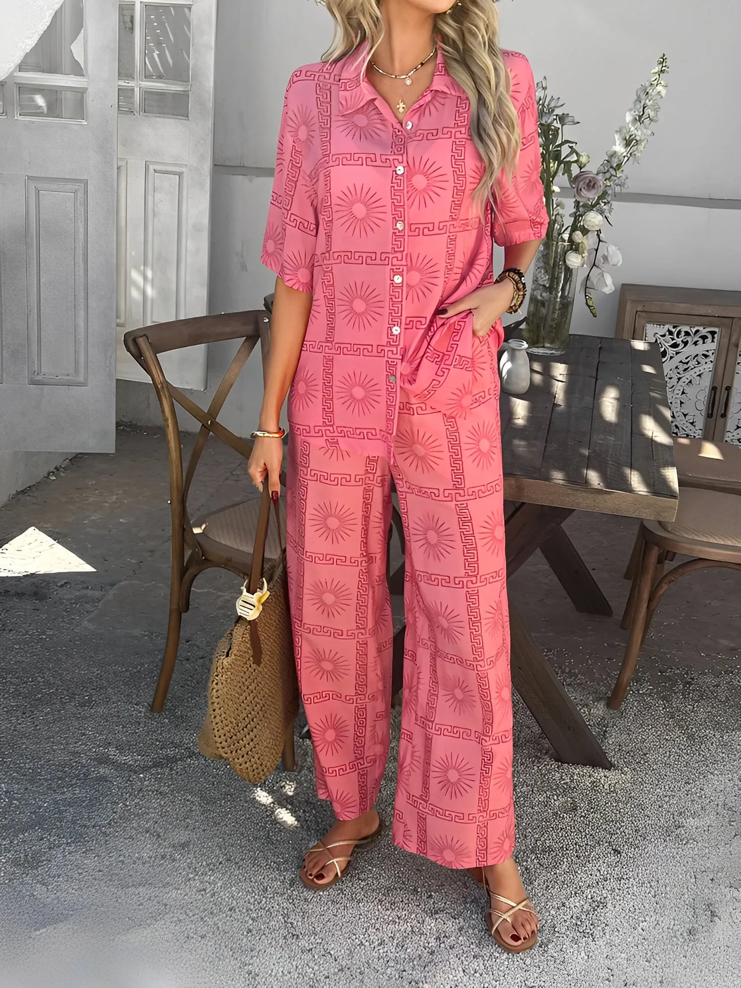 2 Pieces Short Sleeves Graphic Shirts & Wide Leg Pants Beach Set sold by Allegra K product image thumbnail 2