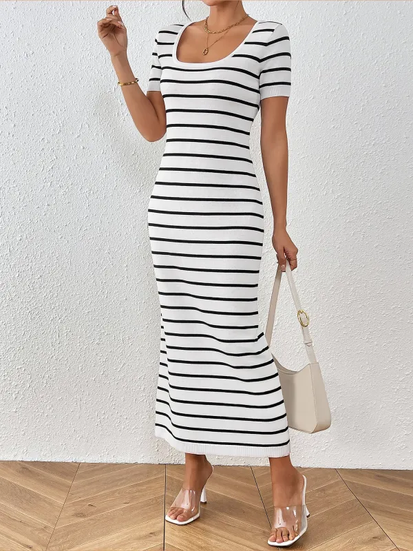 U Neck Short Sleeves Knitted Striped Maxi Dress sold by Allegra K