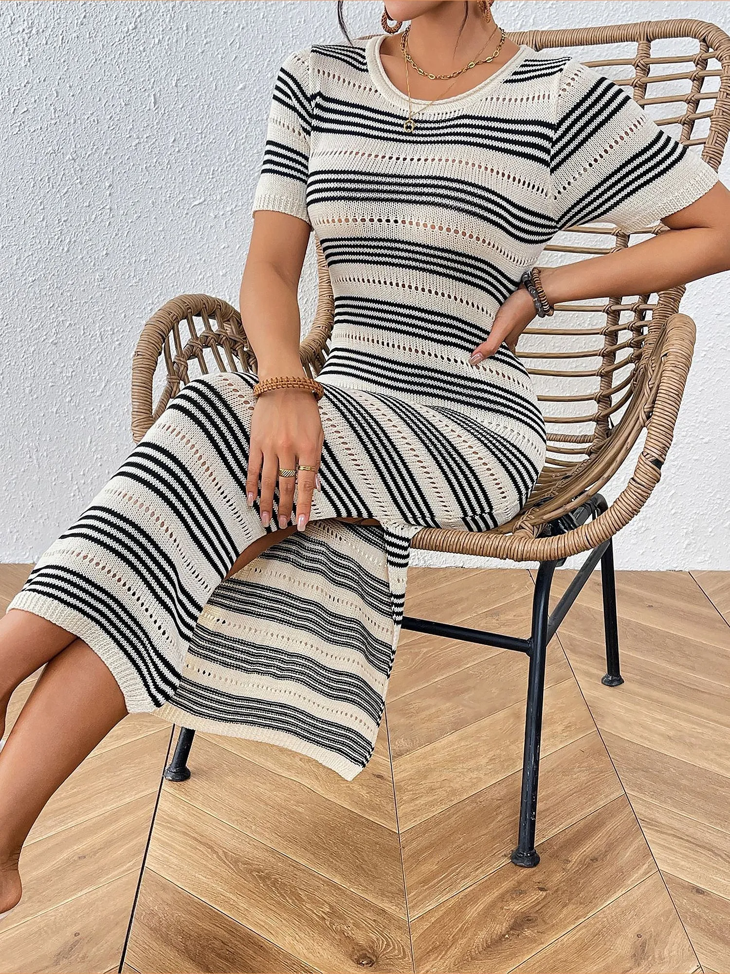 Short Sleeve Hollow Knitted Side Slit Striped Dress sold by Allegra K product image thumbnail 4