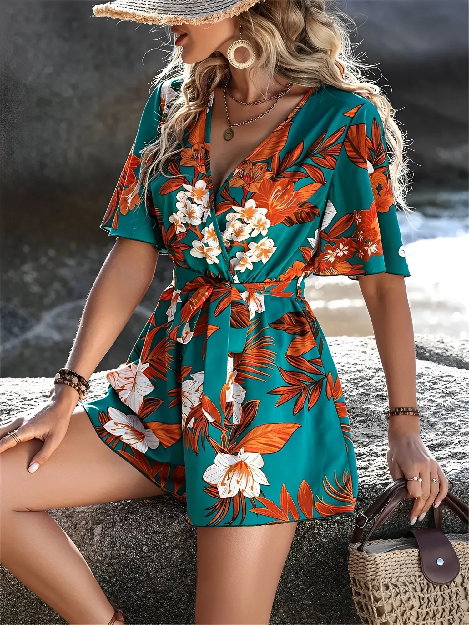 Floral Short Sleeves V Neck Tie Waist Beach Rompers sold by Allegra K product image thumbnail 3
