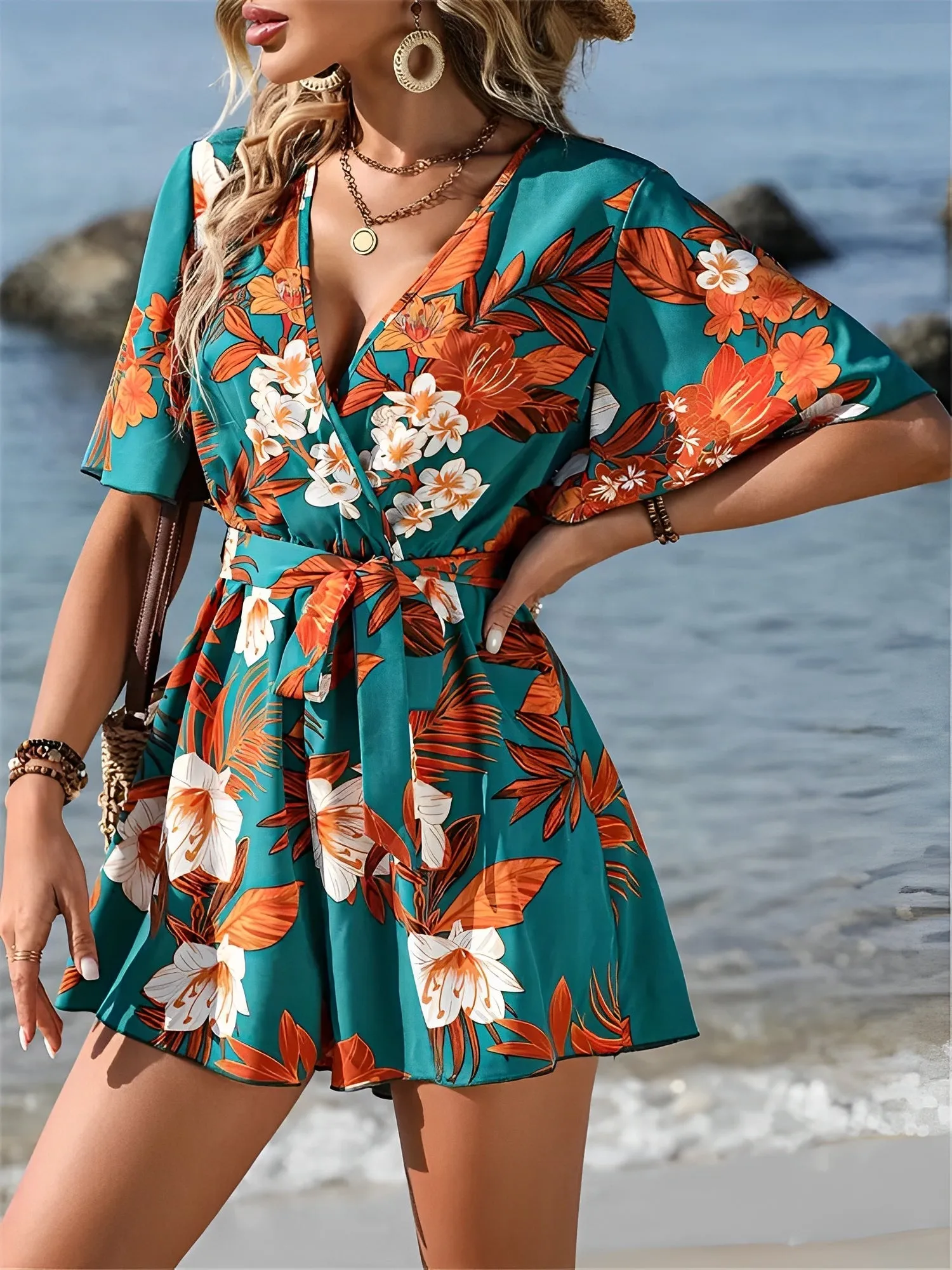 Floral Short Sleeves V Neck Tie Waist Beach Rompers sold by Allegra K